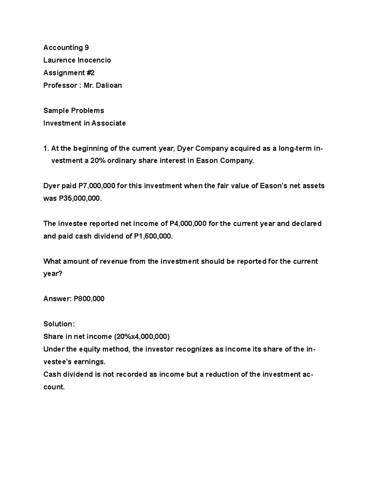 ACCT 9 - Assignment 2 - PDF - Accounting 9 Laurence Inocencio ...