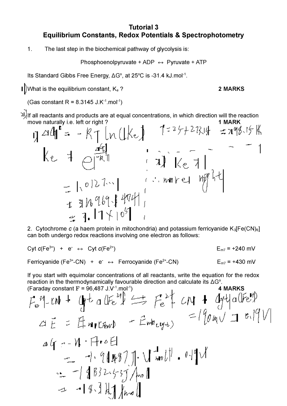 Tutorial 3 2019 - Tutorial 3 Equilibrium Constants, Redox Potentials ...