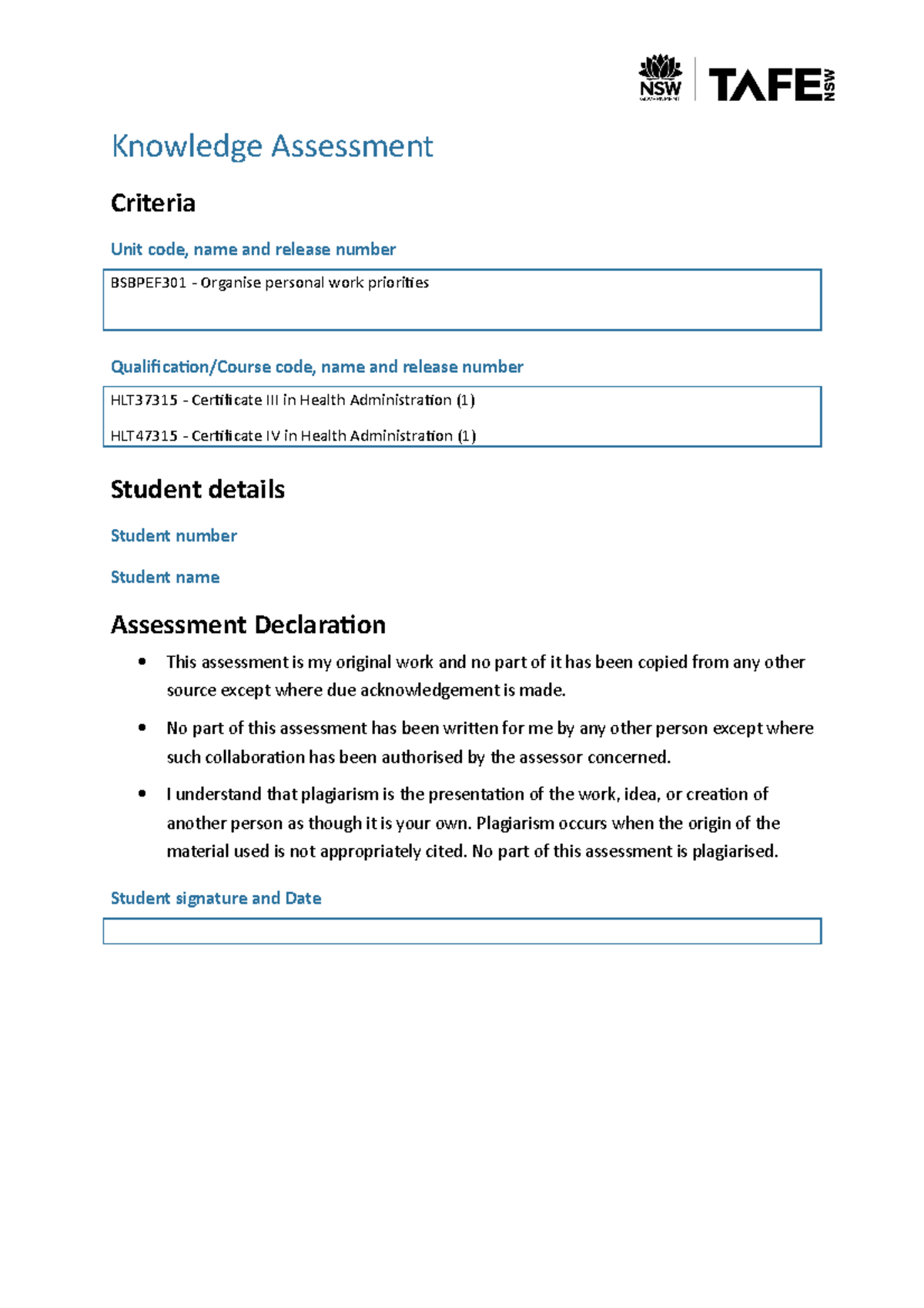 bsbpef-301-knowledge-assessment-knowledge-assessment-criteria-unit