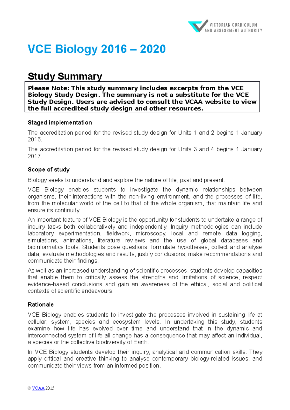 Biology studysummary 20162021 VCE Biology 2016 2020 Study Summary