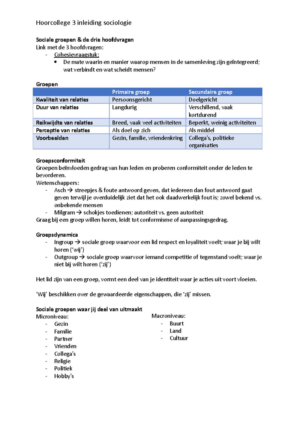 Hoorcollege 3/5 - Hoorcollege 3 Inleiding Sociologie Sociale Groepen De ...