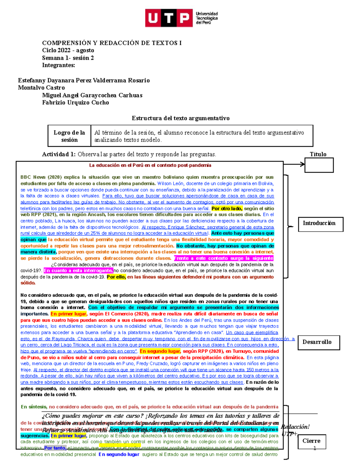 S01 S2 Material Estructura Del Texto Argumentativo 2022 Agosto ComprensiÓn Y RedacciÓn De 6548