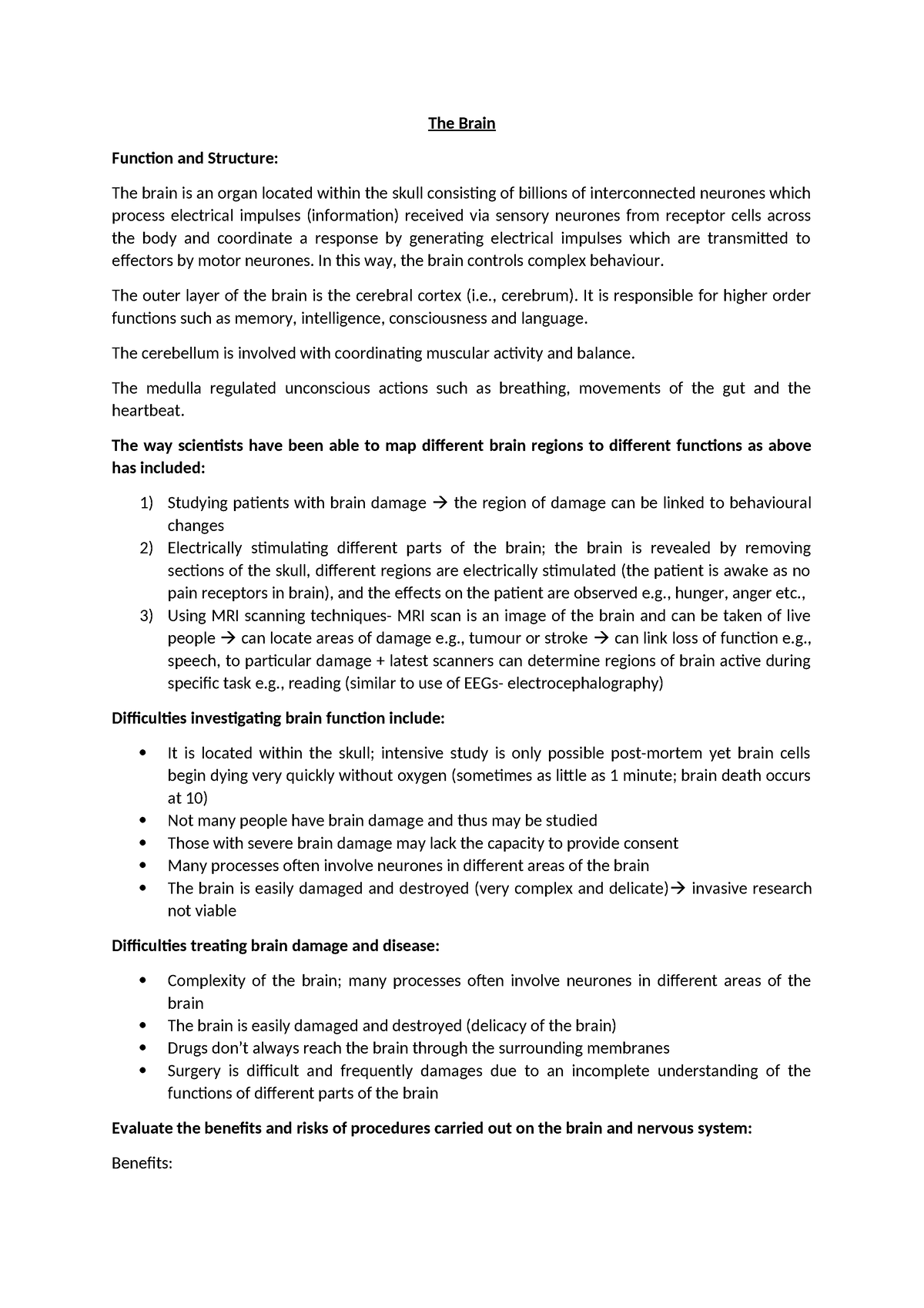 AQA GCSE Biology Brain Notes - The Brain Function and Structure: The ...