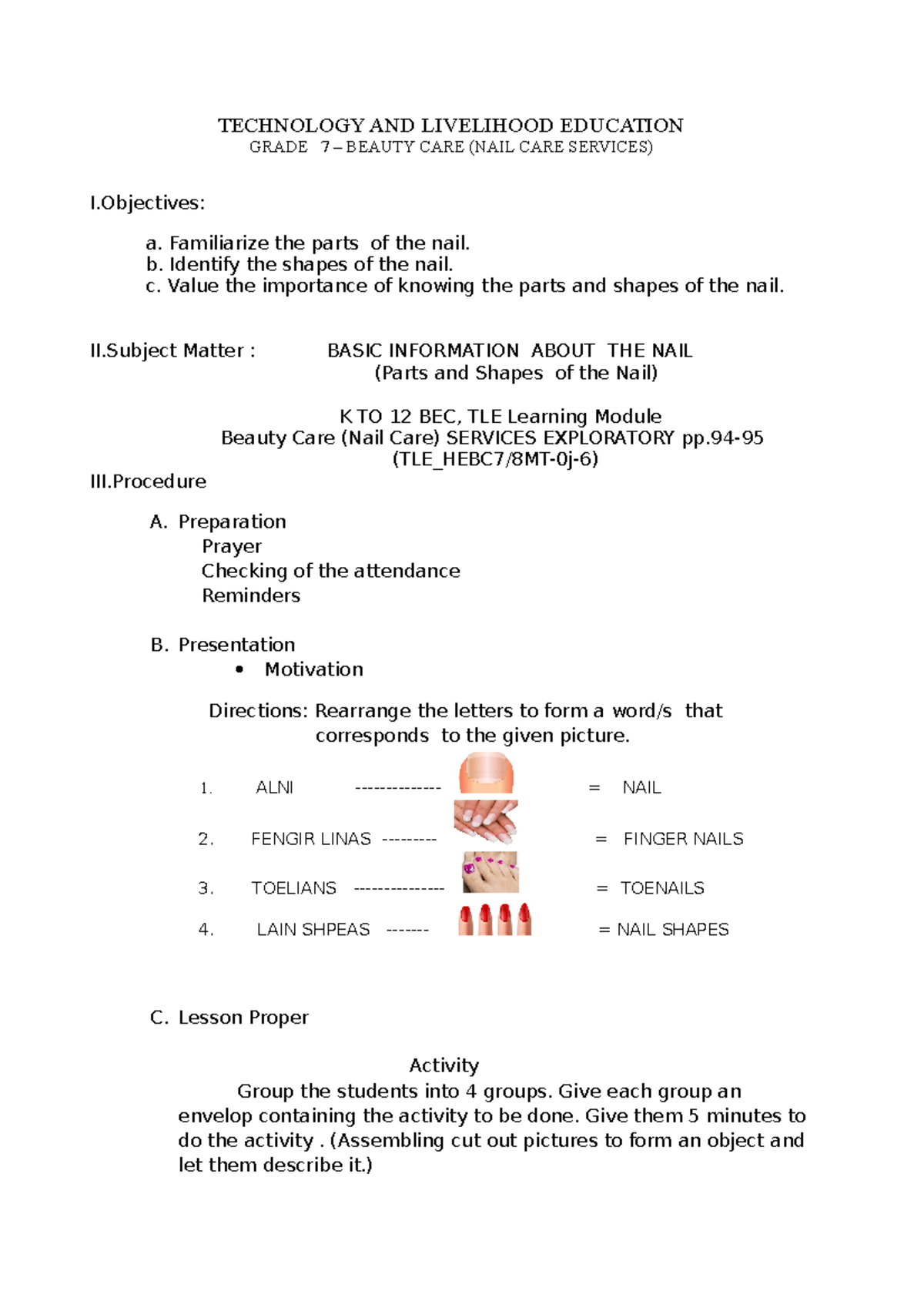 1stcopylpdemonailcare TECHNOLOGY AND LIVELIHOOD EDUCATION GRADE