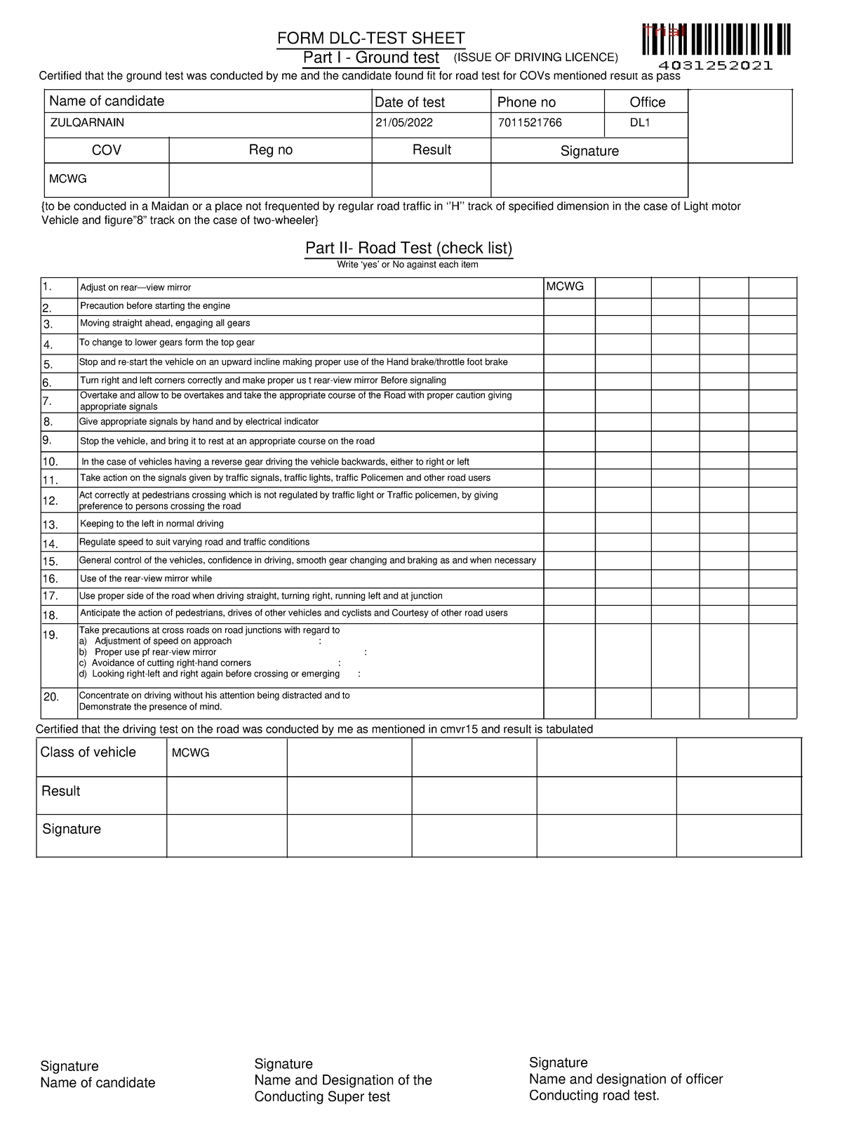 Form - jghg - FORM DLC-TEST SHEET Part I - Ground test Certified that ...