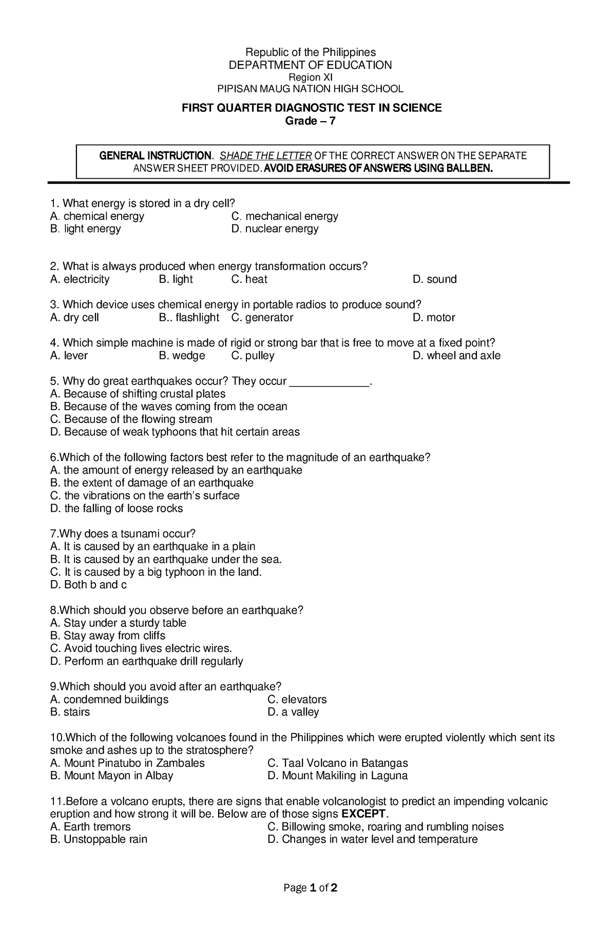 Diagnostic test Grade 7 Science Page 1 Of 2 GENERAL INSTRUCTION 