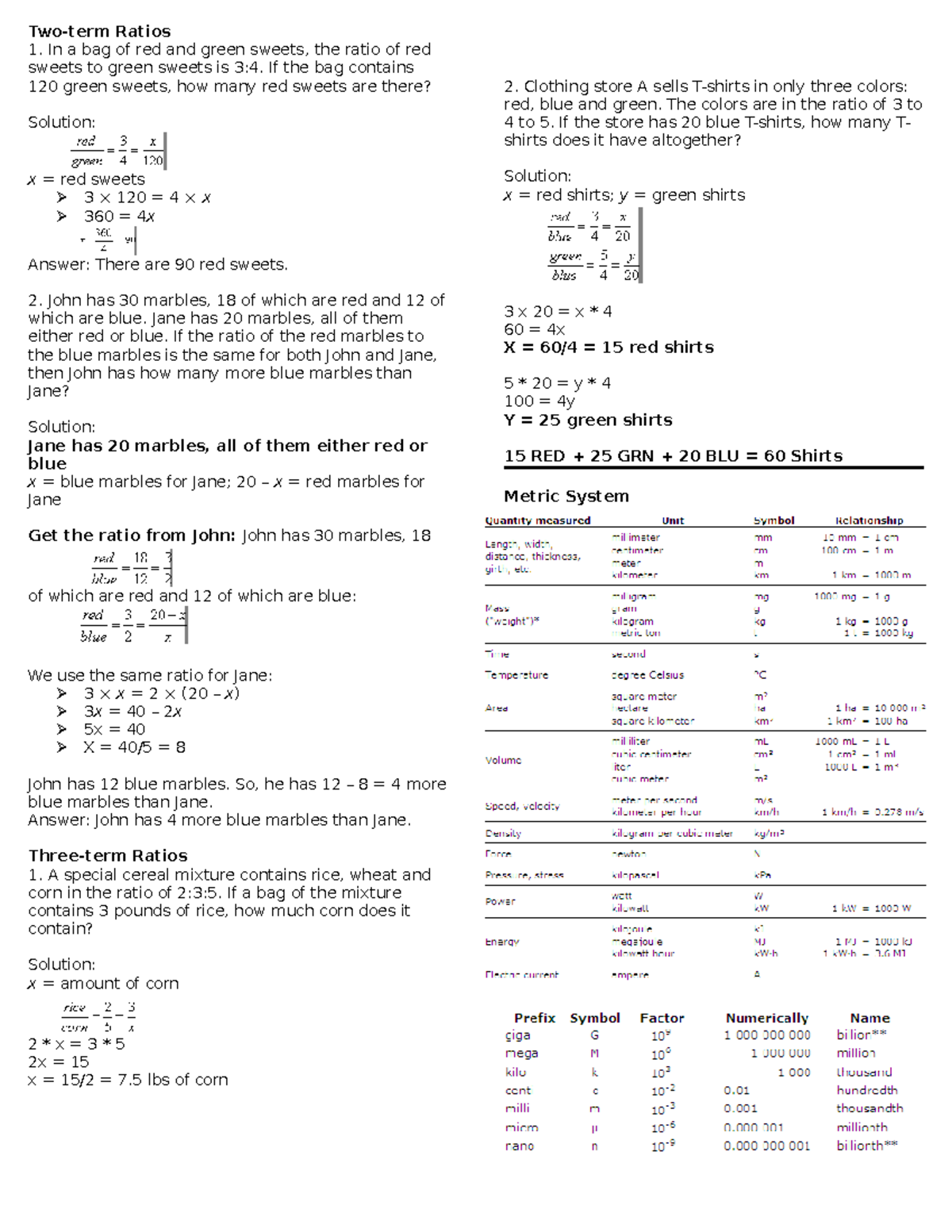 Ratio Problems - Handouts - Two-term Ratios In A Bag Of Red And Green 