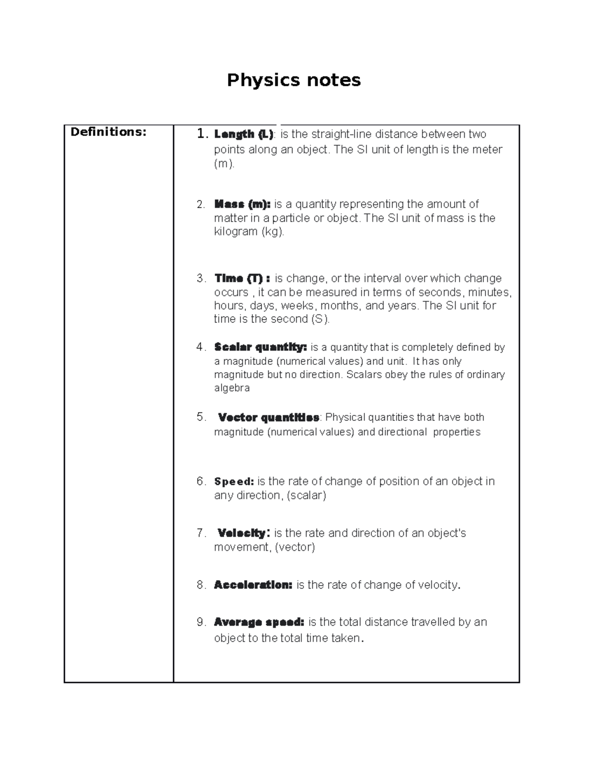 Physics Notes - Physics Notes Definitions: 1. Length (l): Is The 