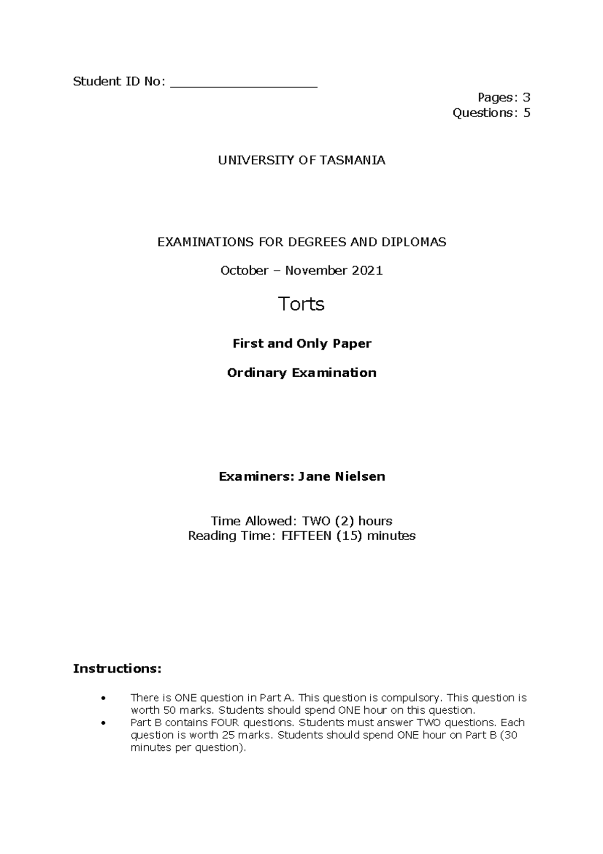 Torts SEM 2, 2021 EXAM - Student ID No: ___________________ Pages: 3 ...