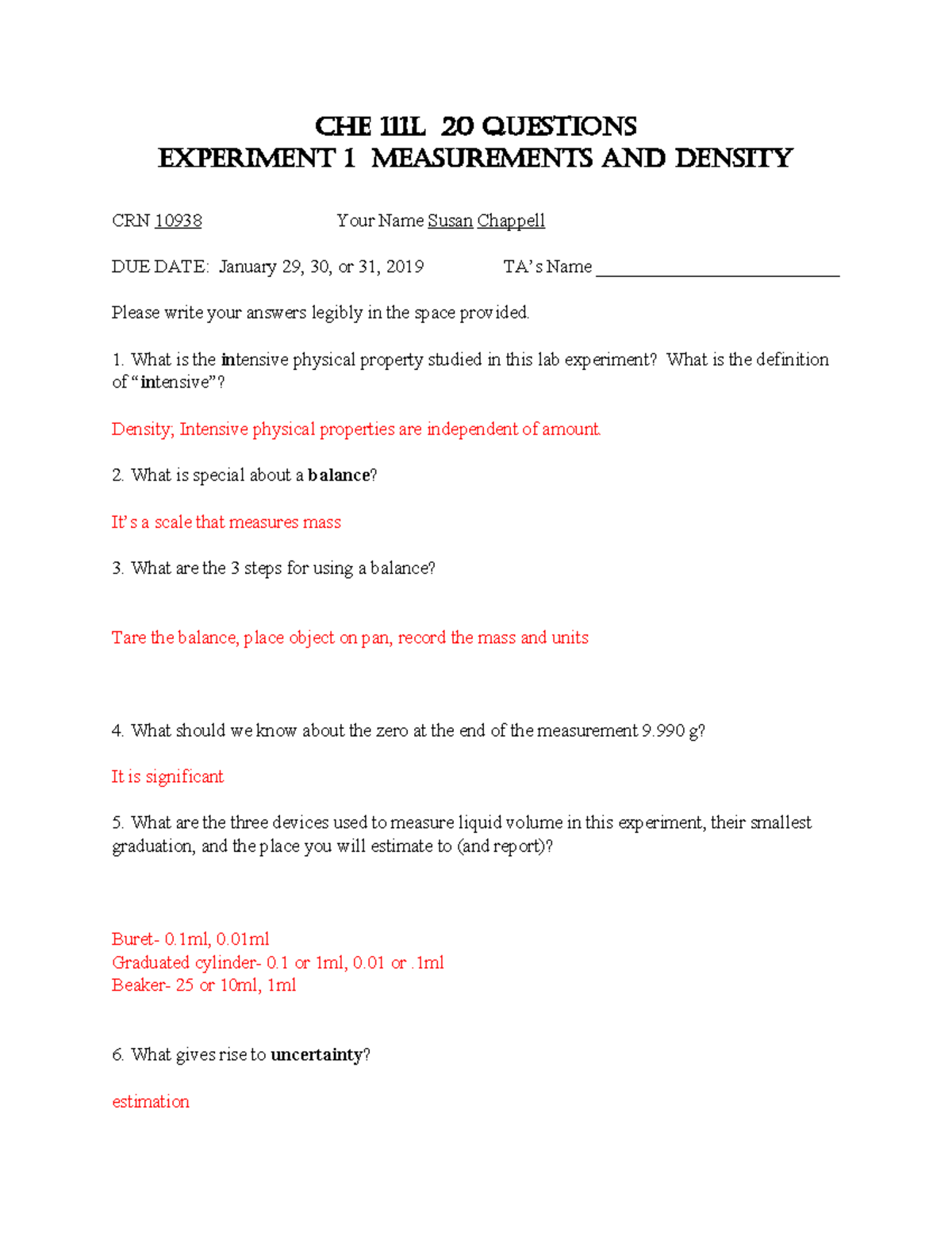 Experiment 1 Lab CHE 111 L 20 QUESTIONS EXPERIMENT 1 MEASUREMENTS