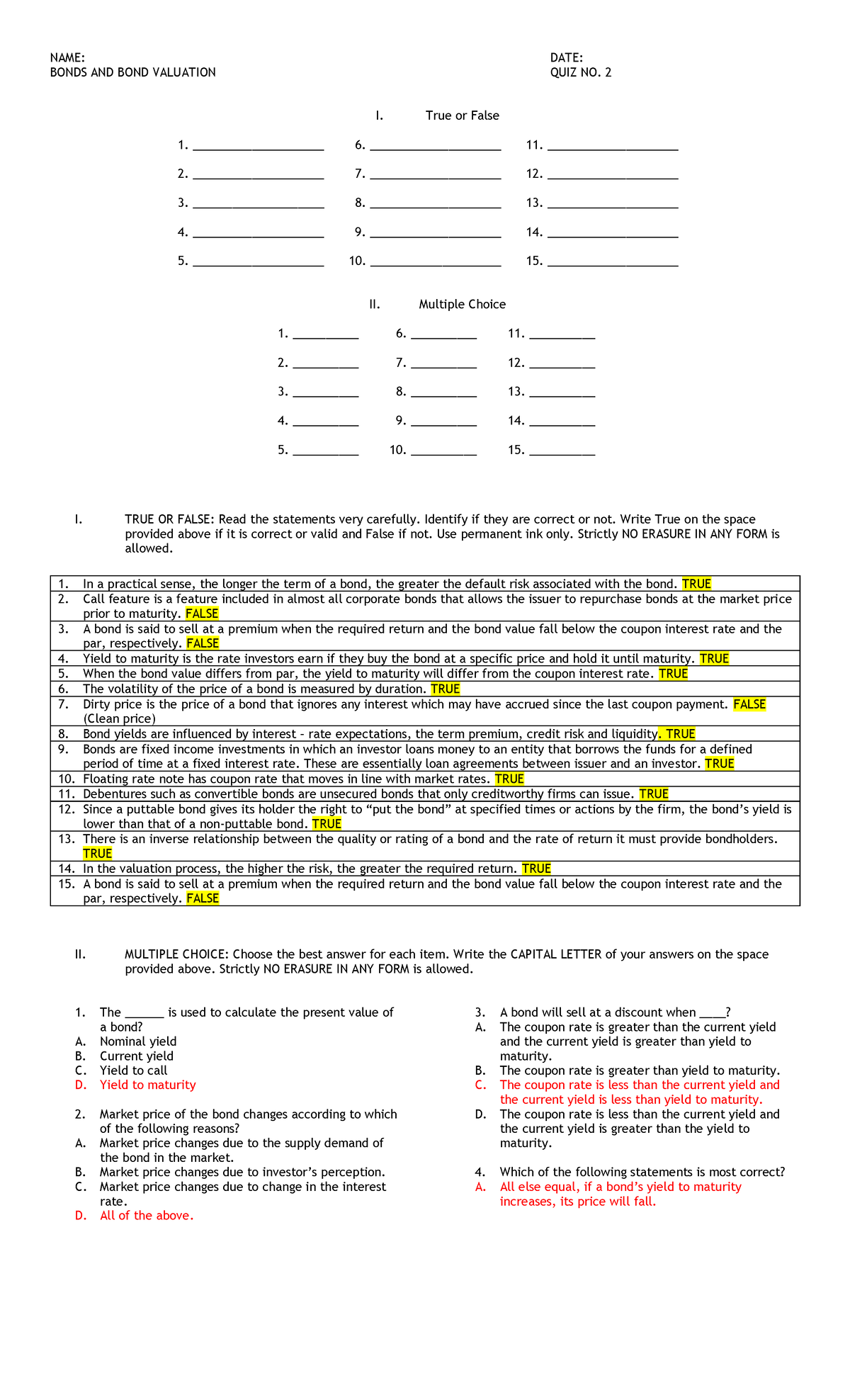 Bonds Valuation Questionnaire with answers NAME DATE BONDS AND BOND