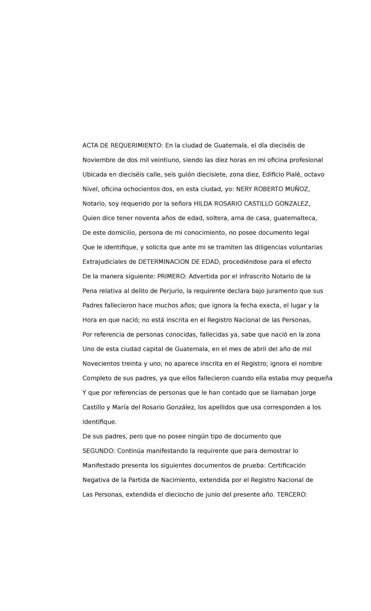 Acta De Requerimiento Determinacion De Edad Acta De Requerimiento En