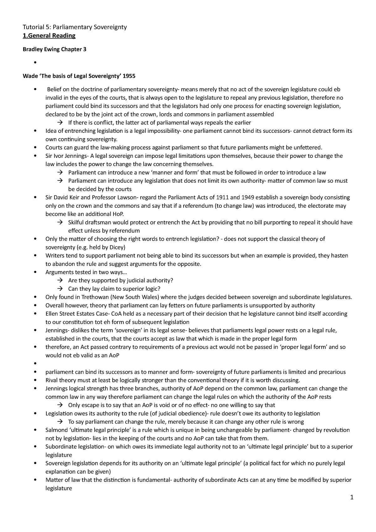 Tute 5 Notes- Parliamentary Sovereingty - 1 Reading Bradley Ewing ...