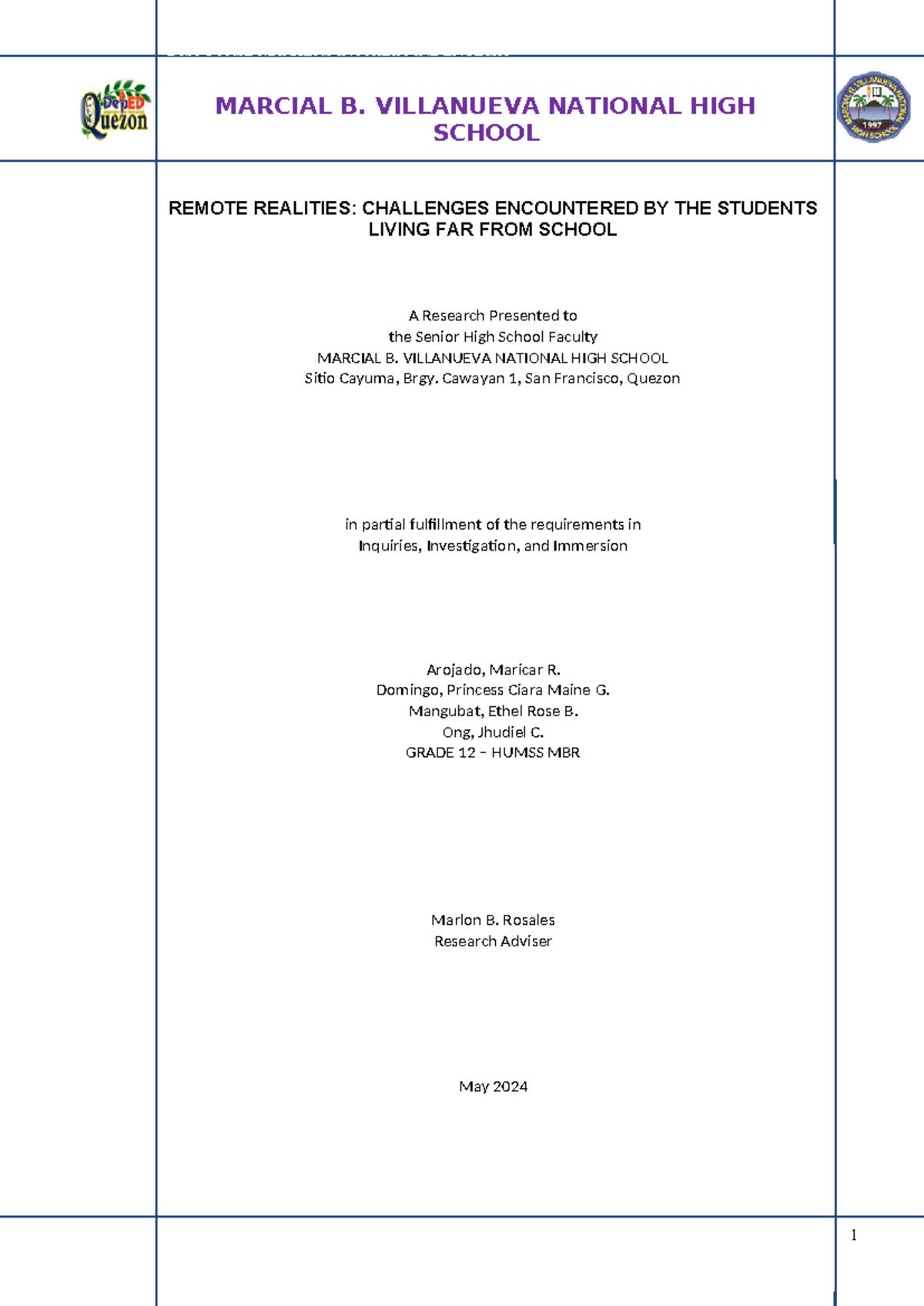 3Is - Chapters 1-3 (Draft) - MARCIAL B. VILLANUEVA NATIONAL HIGH SCHOOL ...