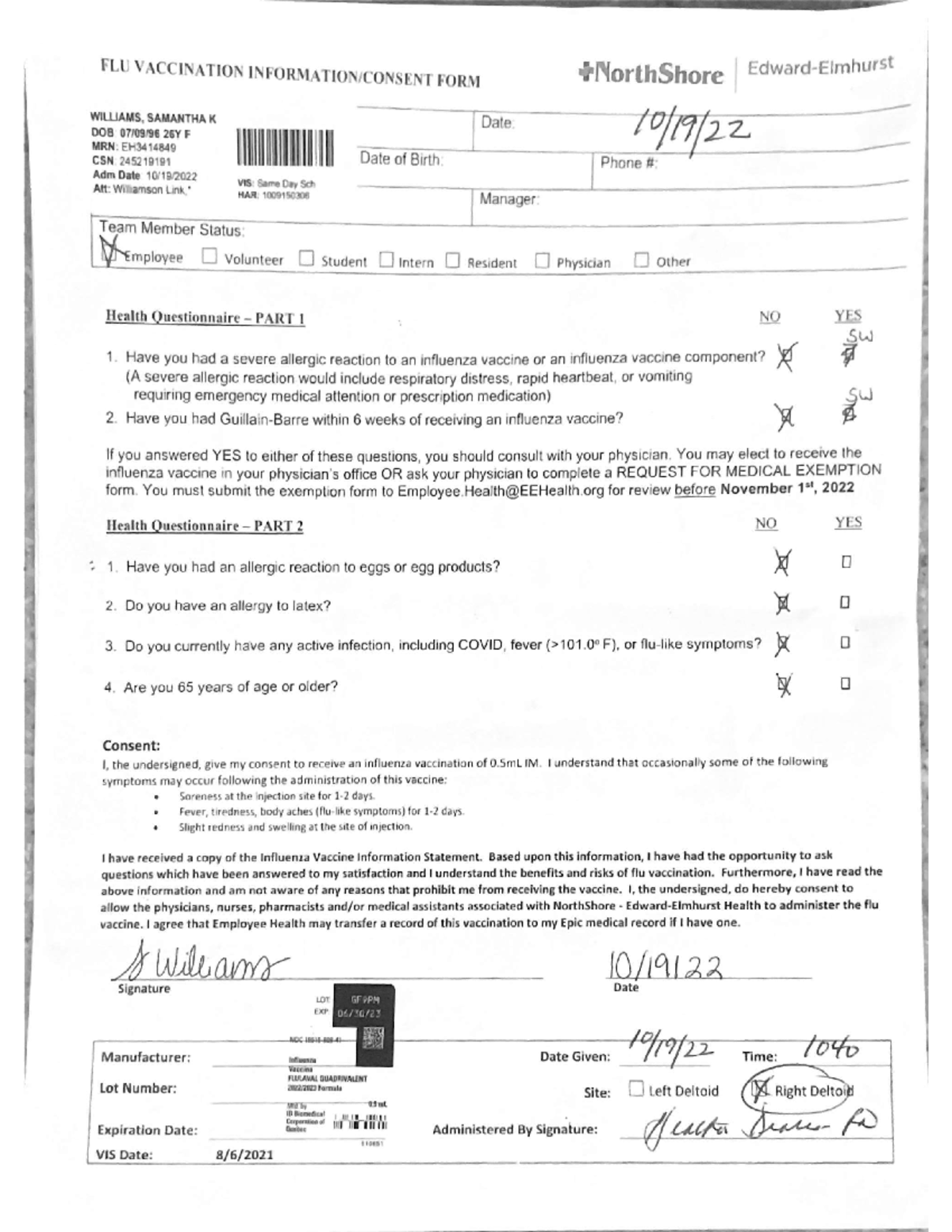 F - lecture notes - FLU VACCINATION FORM WILLIAMS, SAMANTHA K Date: DOB ...