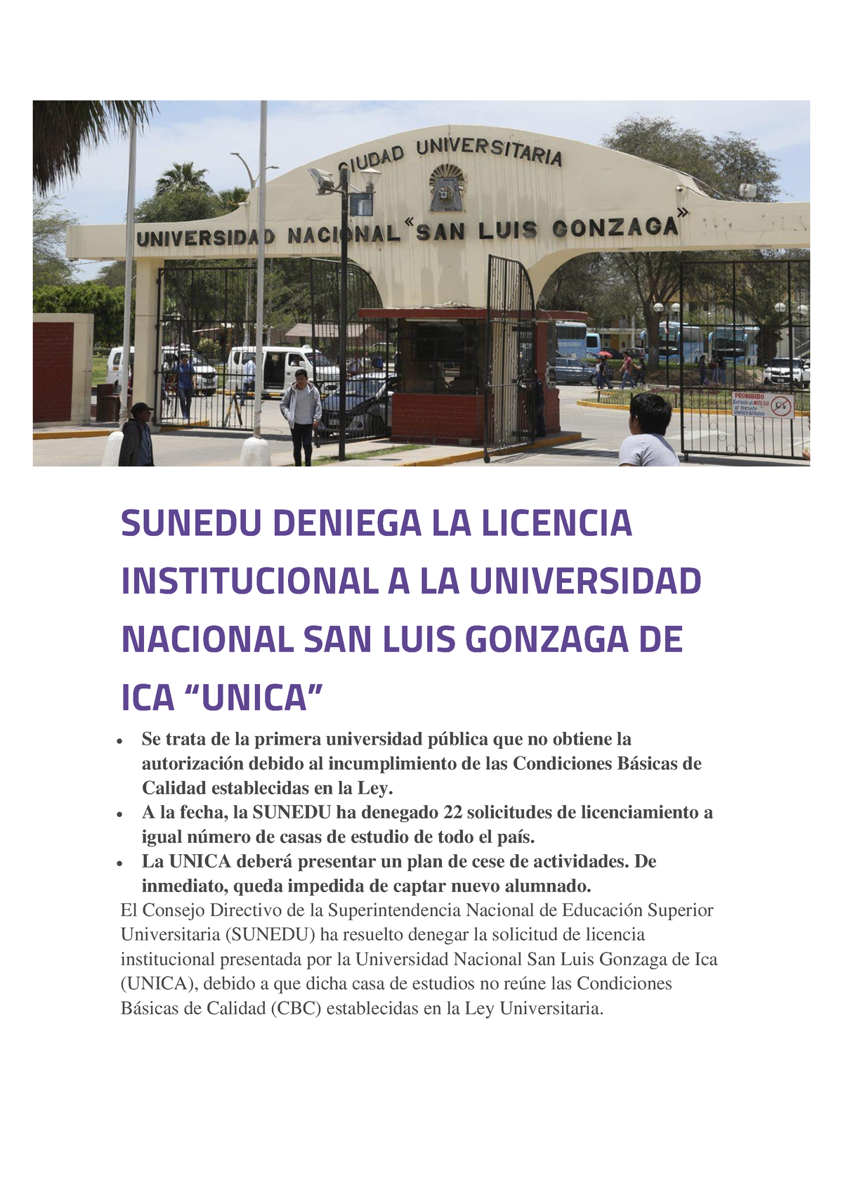 Sunedu Deniega LA Licencia Institucional A LA Universidad Nacional SAN ...