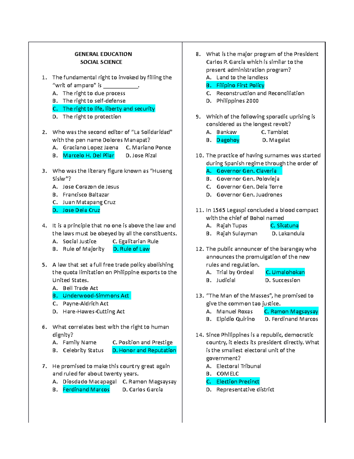 General Education Social Science Answer KEY GENERAL EDUCATION SOCIAL