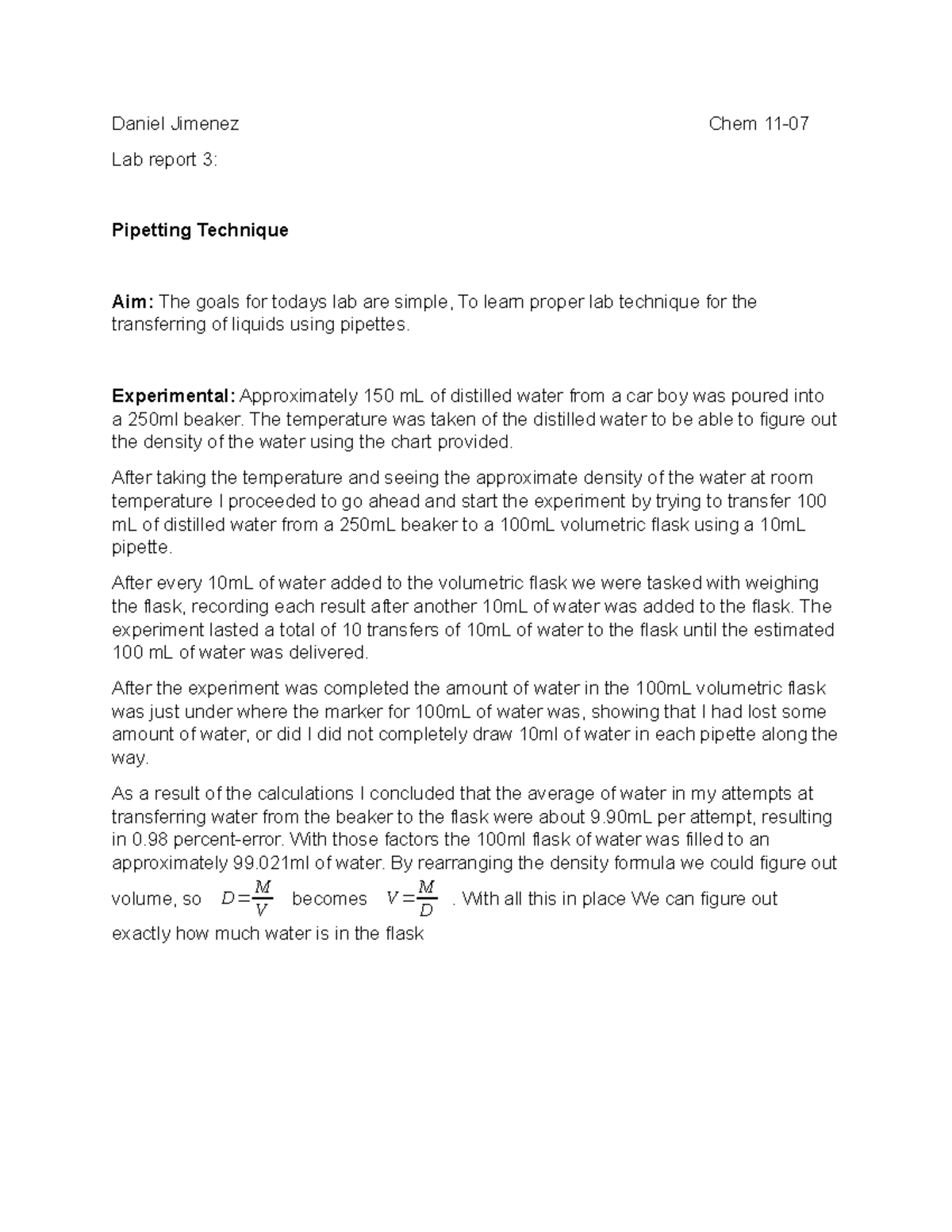 Lab report 3 Pipetting Technique Daniel Jimenez Chem 11 Lab report 3 Pipetting Technique Aim