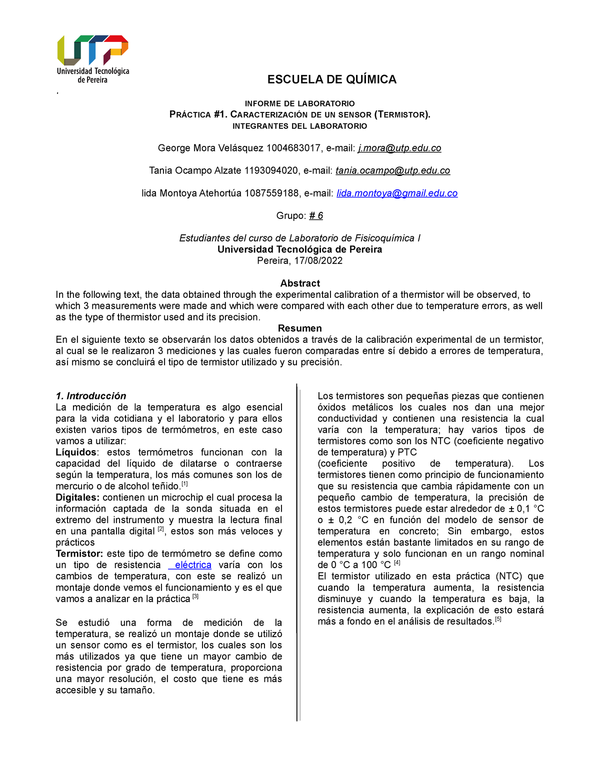 Informe 1 Lab De Fisicoquímica I Informe De Laboratorio PrÁctica