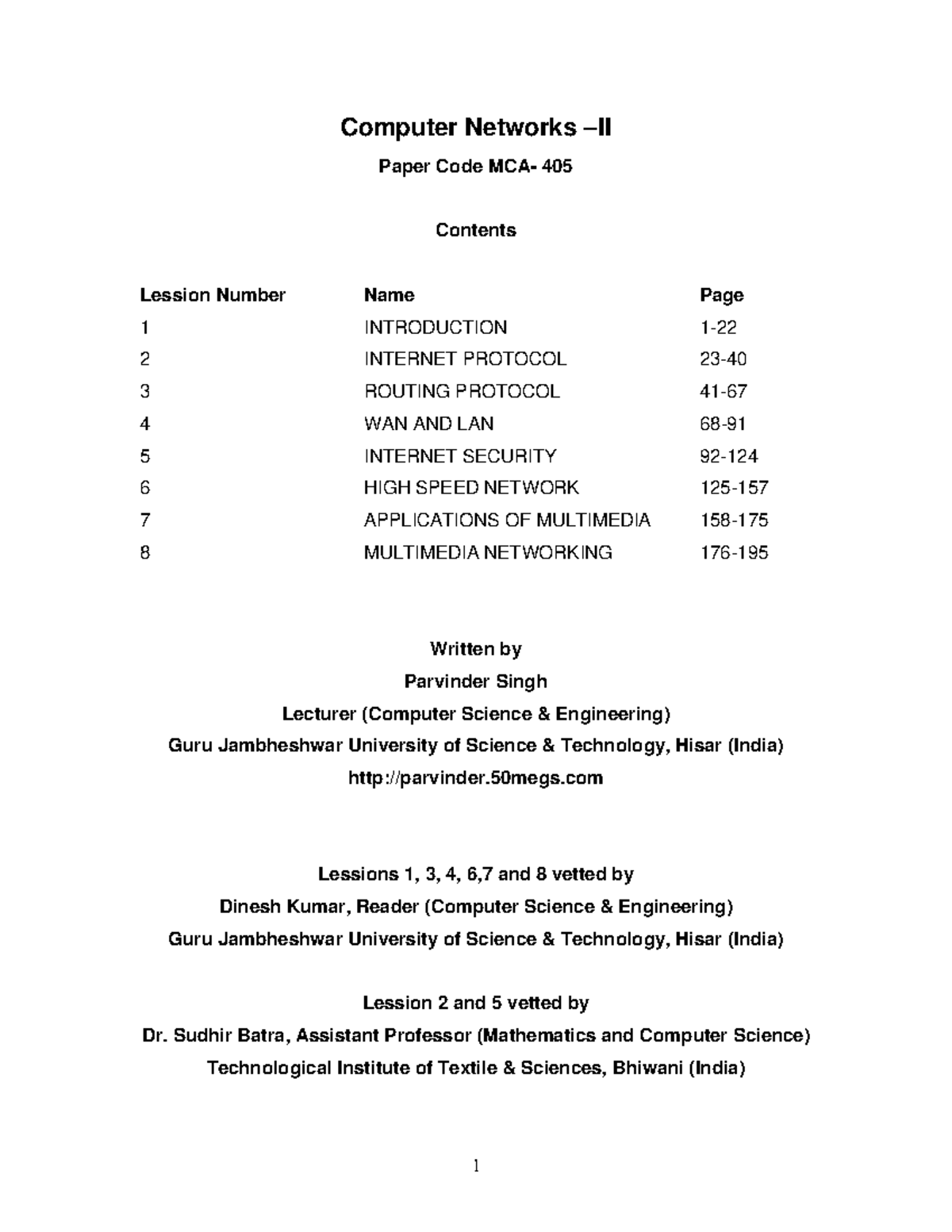Mca-405 - NETWORKING 2 Lesson - Computer Networks –II Paper Code MCA ...