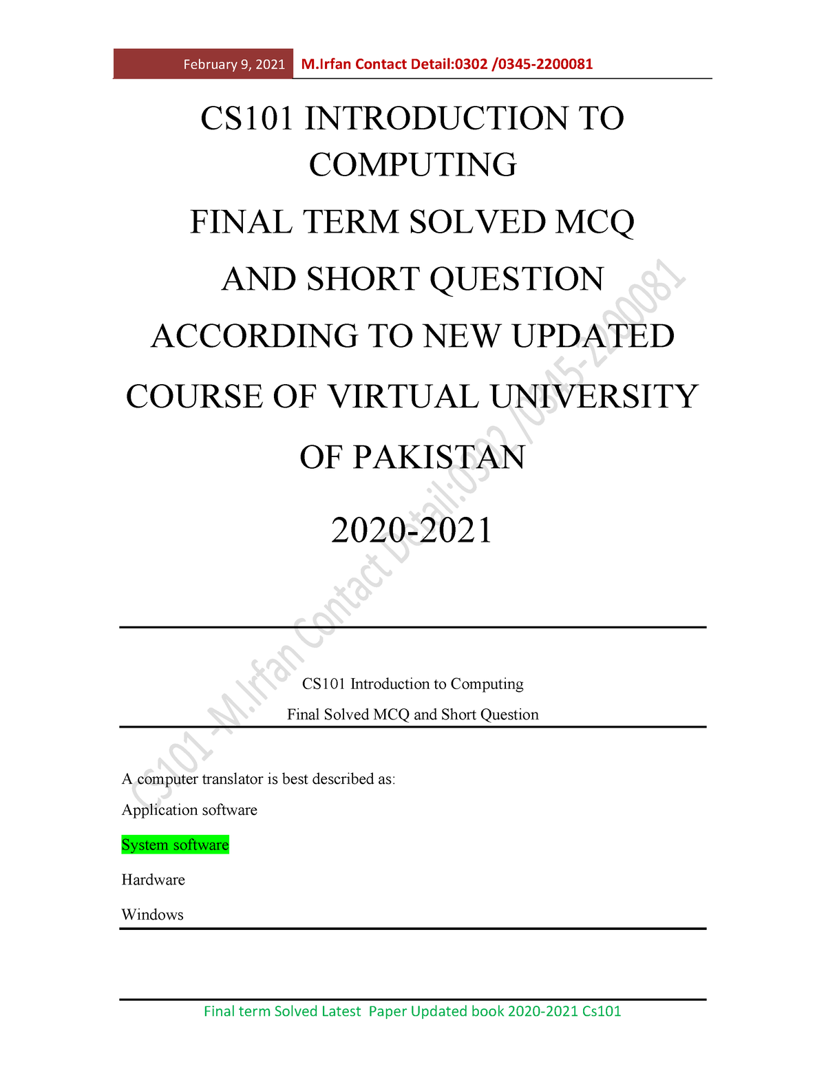 Cs101 Final Solved MCQ-3 - CS101 INTRODUCTION TO COMPUTING FINAL TERM ...