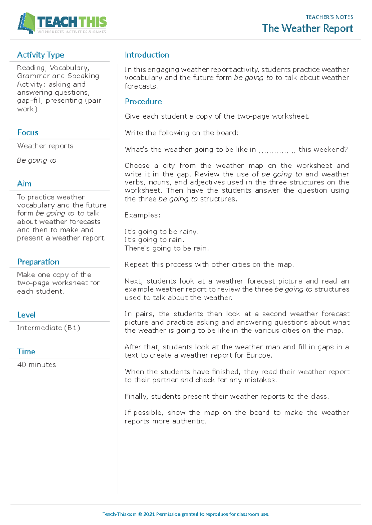 1w2e3e3t67uu8iio9o - TEACHER’S NOTES The Weather Report Introduction In ...