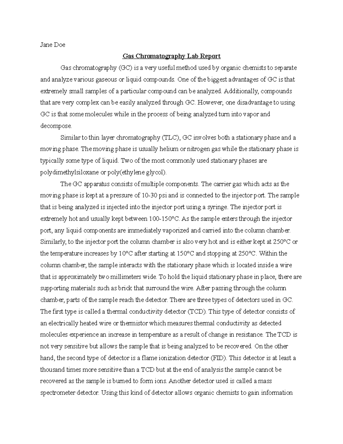 Organic Chem II Gas Chromatography Lab Report CHEM 2318 NU Studocu