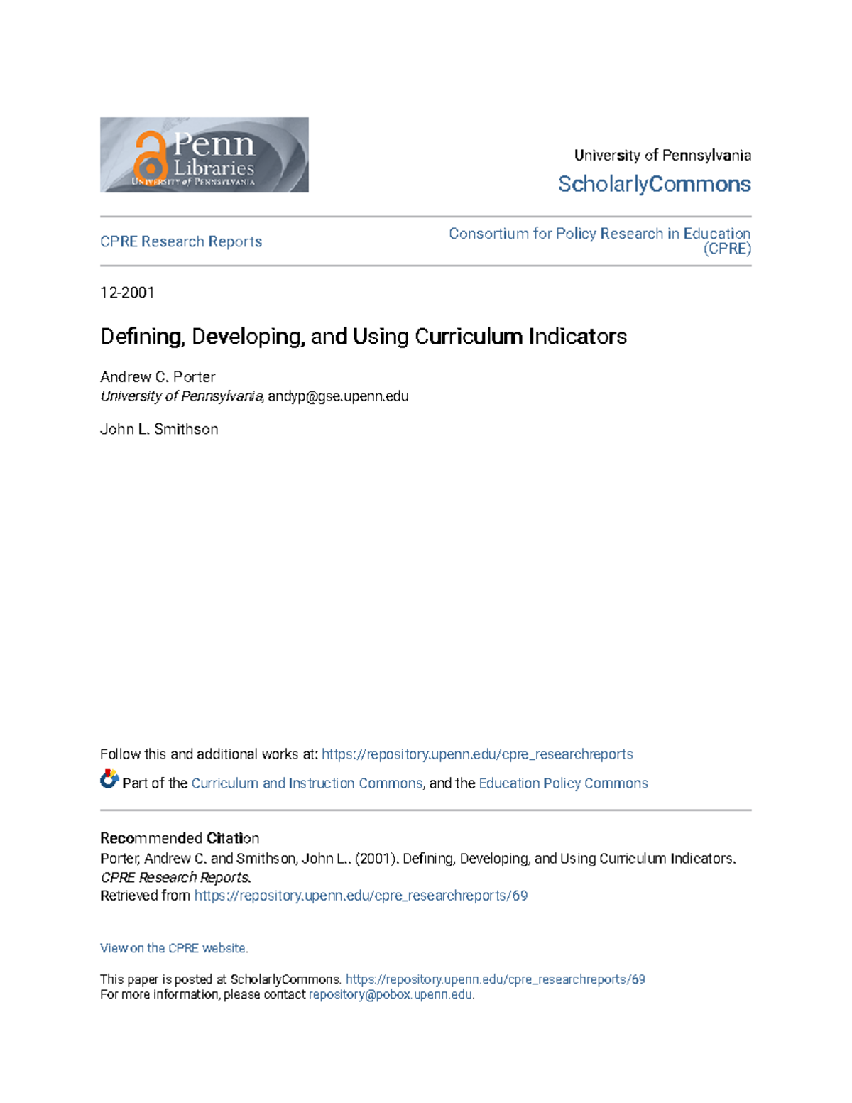 Defining Developing and Using Curriculum Indicators Porter University