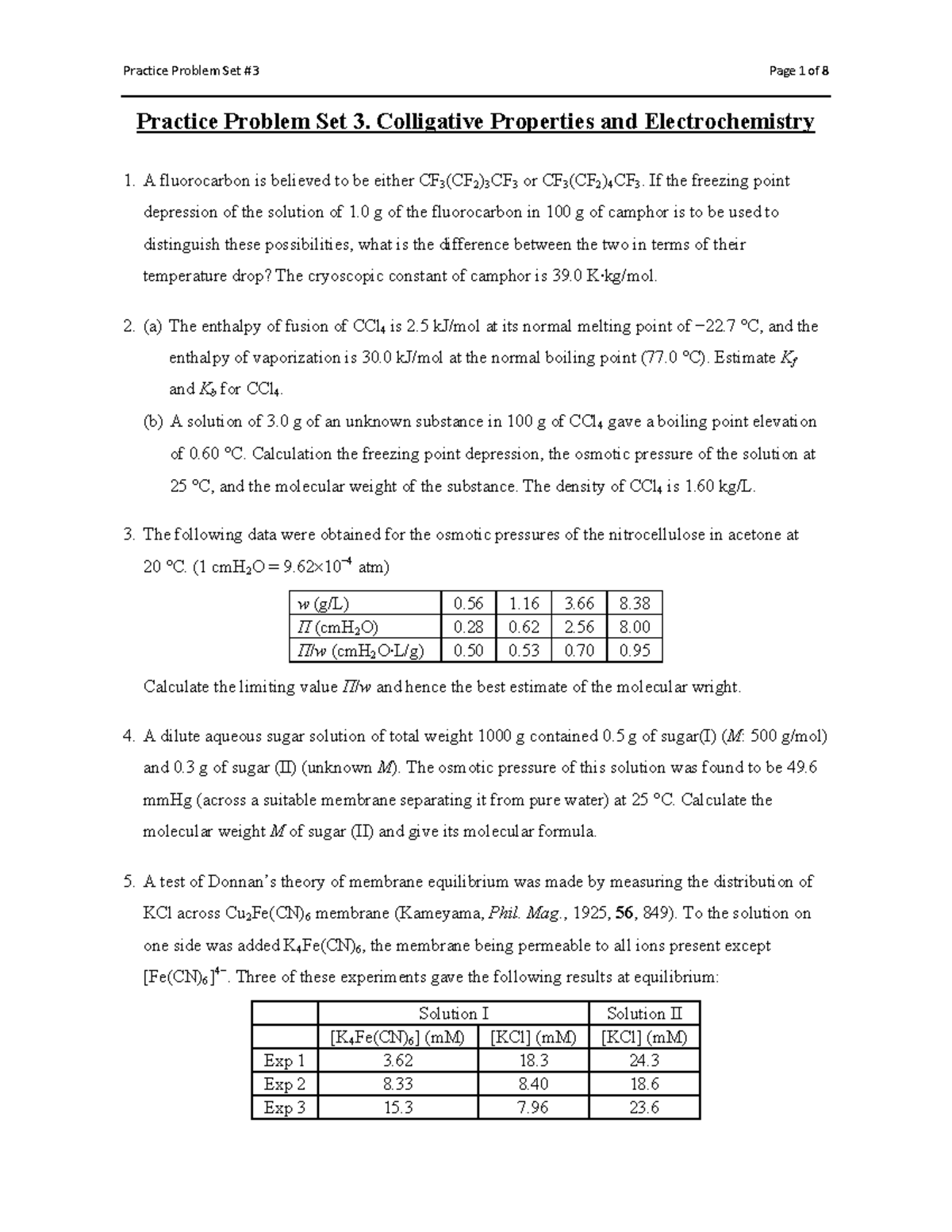 Chem 211 Practice problems Practice Problem Set 3. Colligative