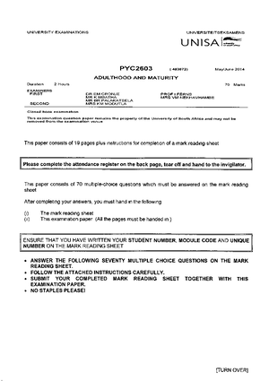PYC2603 2014 6 E 1 1 - SOC 1502 is the study of human evolution and its ...