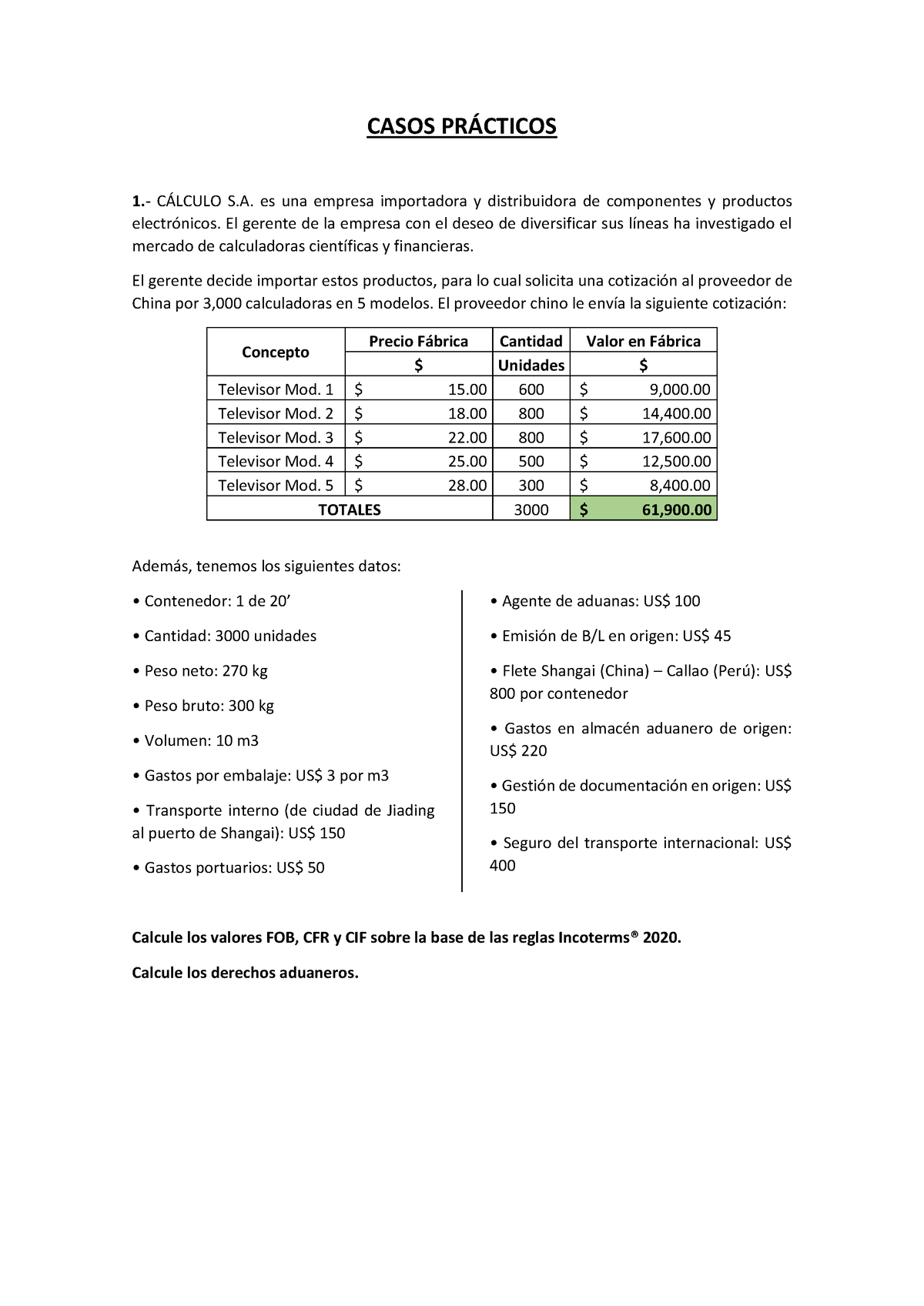 CASO 1 - Casos Prácticos De Calculo De Derechos Aduaneros. - CASOS PR ...