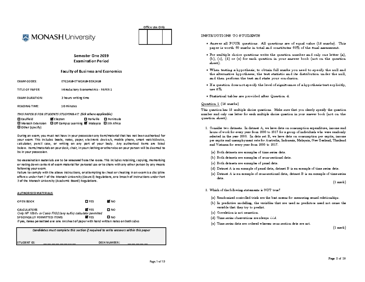 Monash University etc prac exam - Page 1 of 15 Office Use Only Semester ...