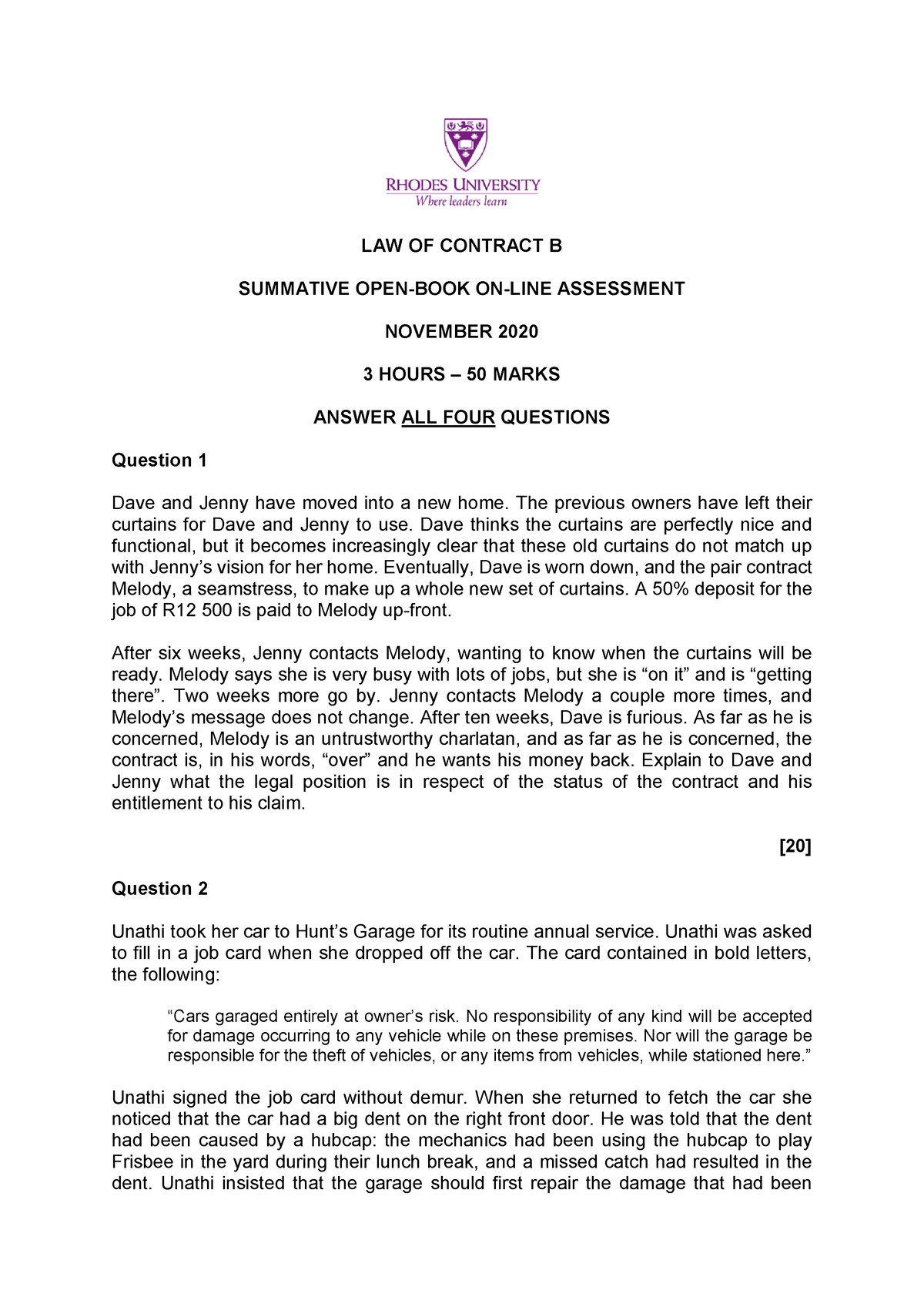 202011 Law Contract B Nov 2020 - LAW OF CONTRACT B SUMMATIVE OPEN-BOOK ...