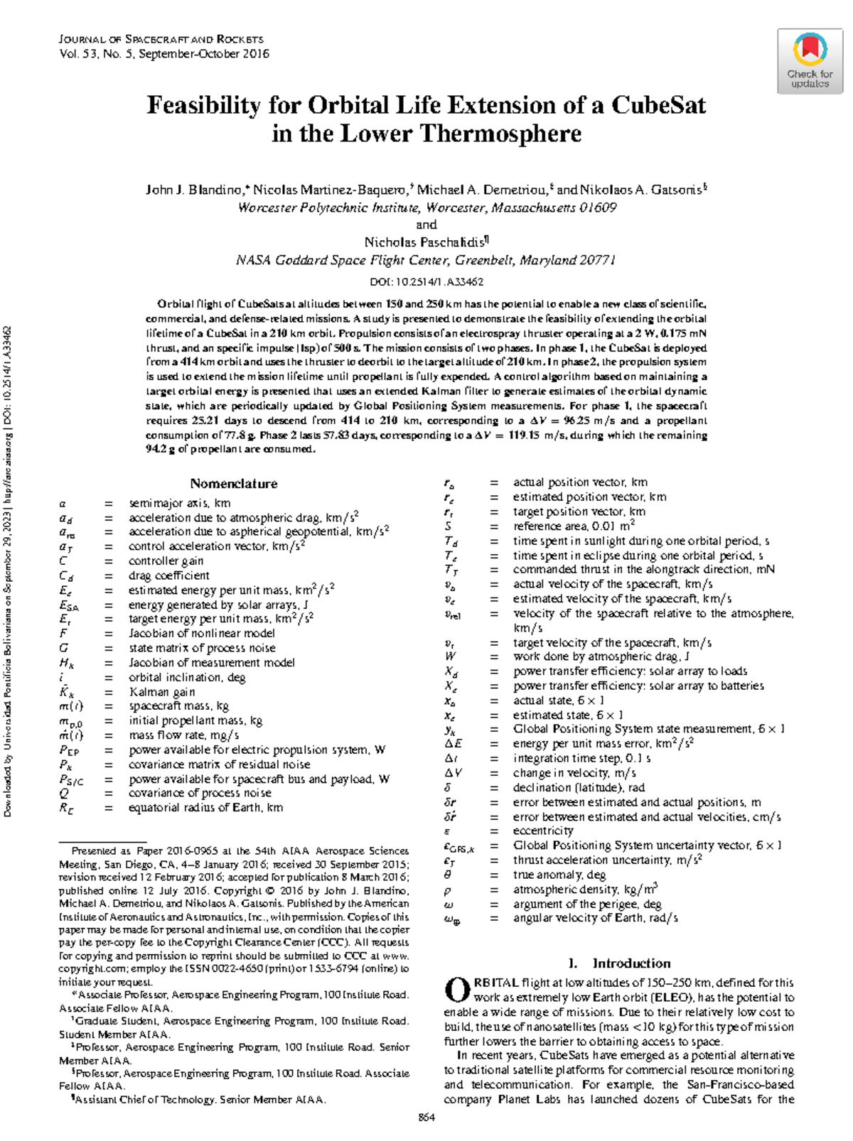 Blandino et al 2016 feasibility for orbital life extension of a cubesat ...