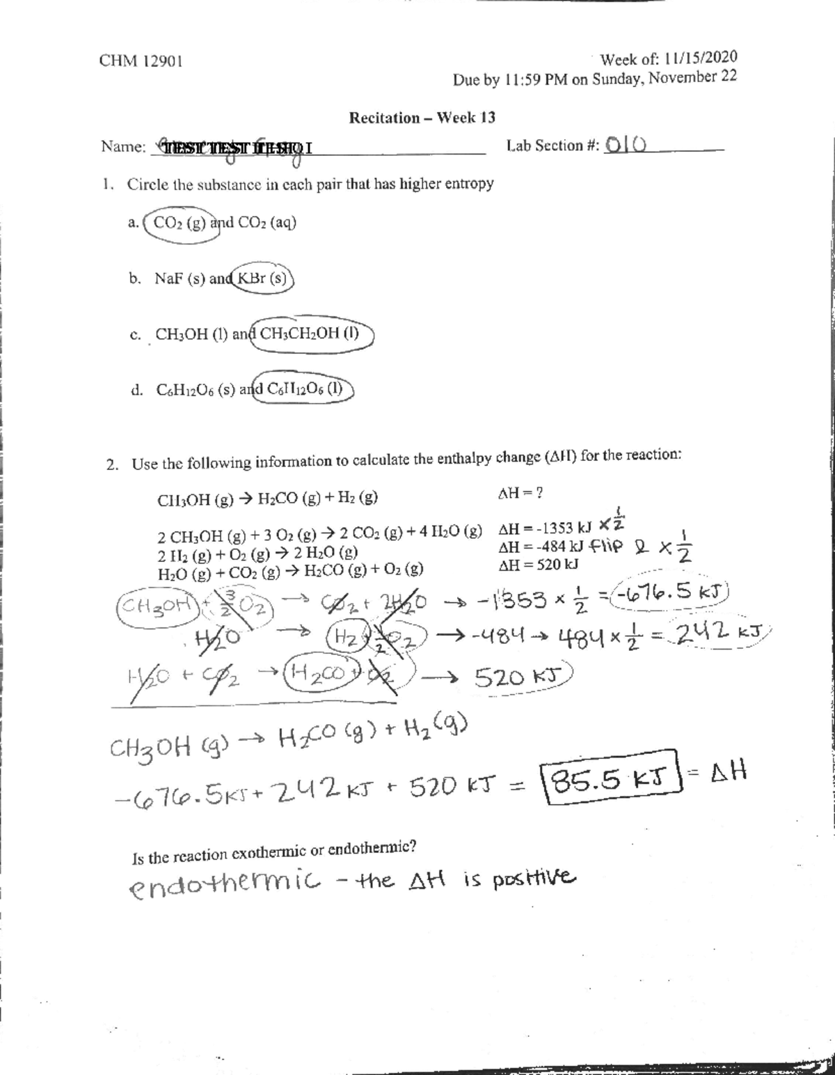 Answers to Recitation Week 13 Worksheet - CHM 12901 - Studocu