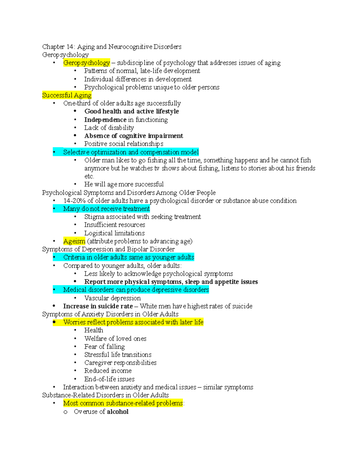 Chapter 14 Handout - Summary Abnormal Psychology - Chapter 14: Aging ...