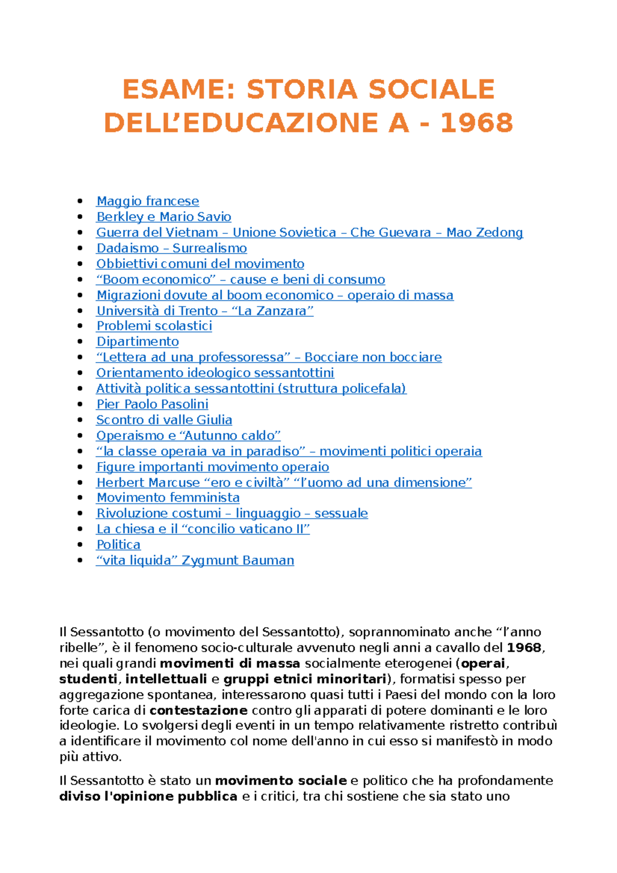 MOVIMENTO DEL SESSANTOTTO (1968) IN ITALIA ESAME STORIA SOCIALE DELL