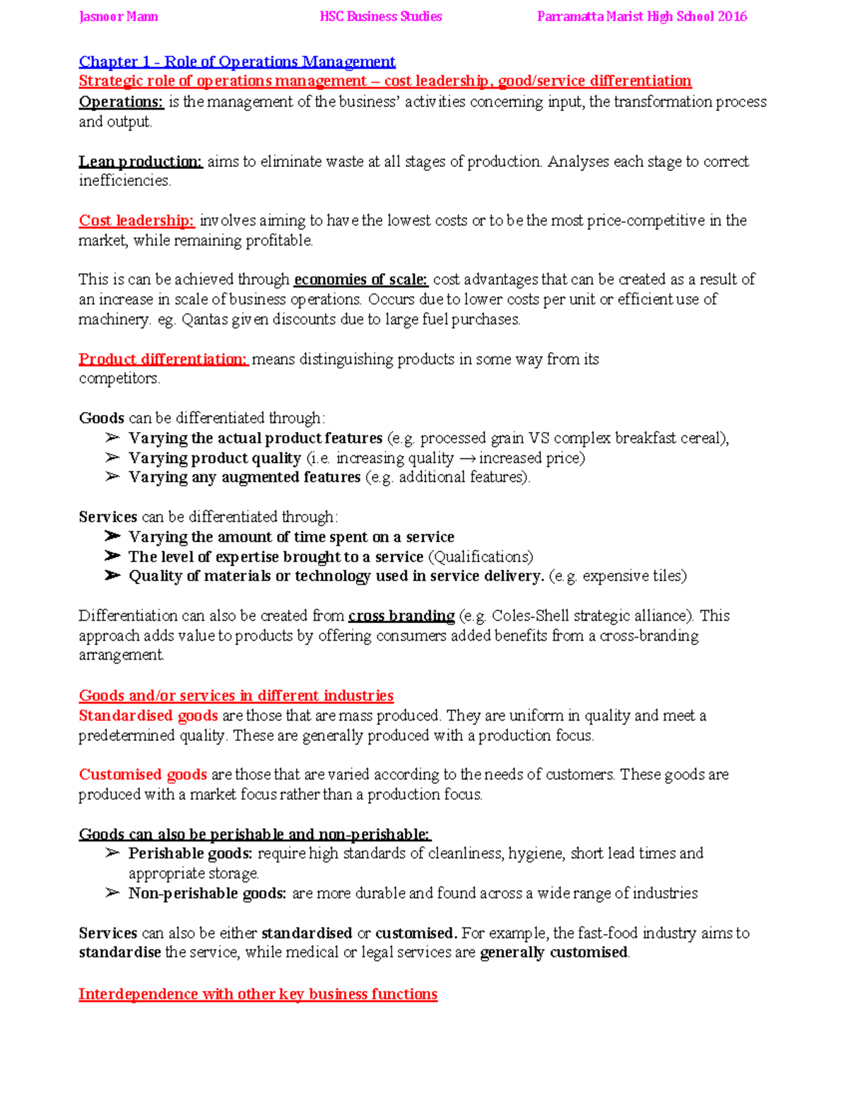 Operations Jasnoor Mann HSC Business Studies 2016 - Chapter 1 - Role of ...