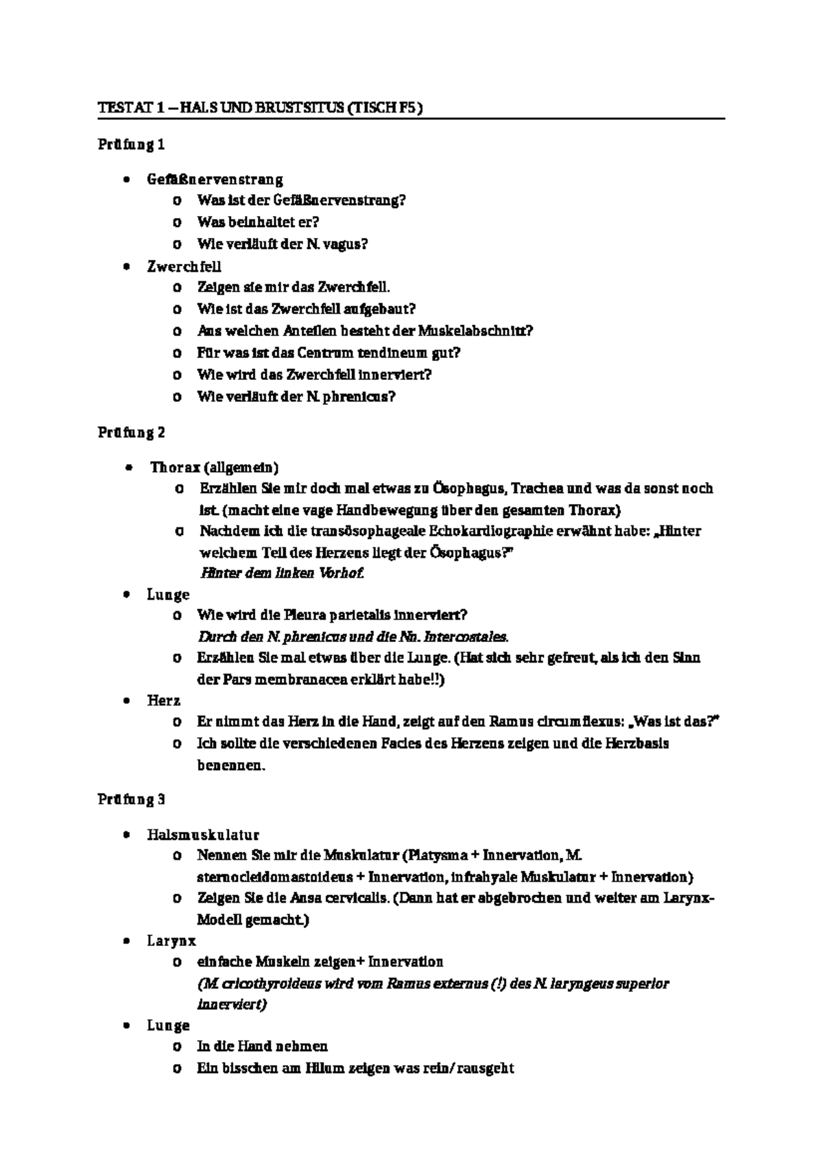 Testat Hals Brust - Biochemie Kurs Notizen Aufgabe Prüfung - TESTAT 1 ...