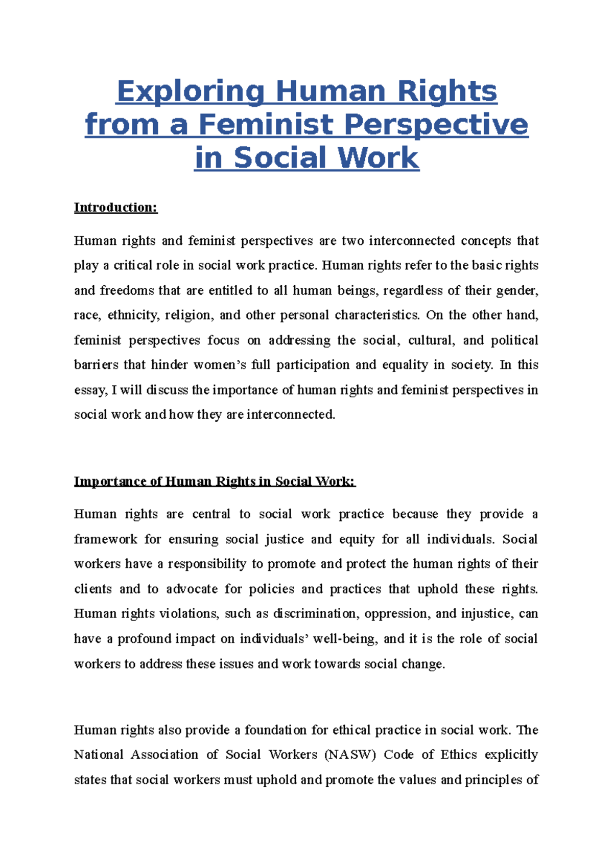 Exploring Human Rights from a Feminist Perspective in Social Work ...