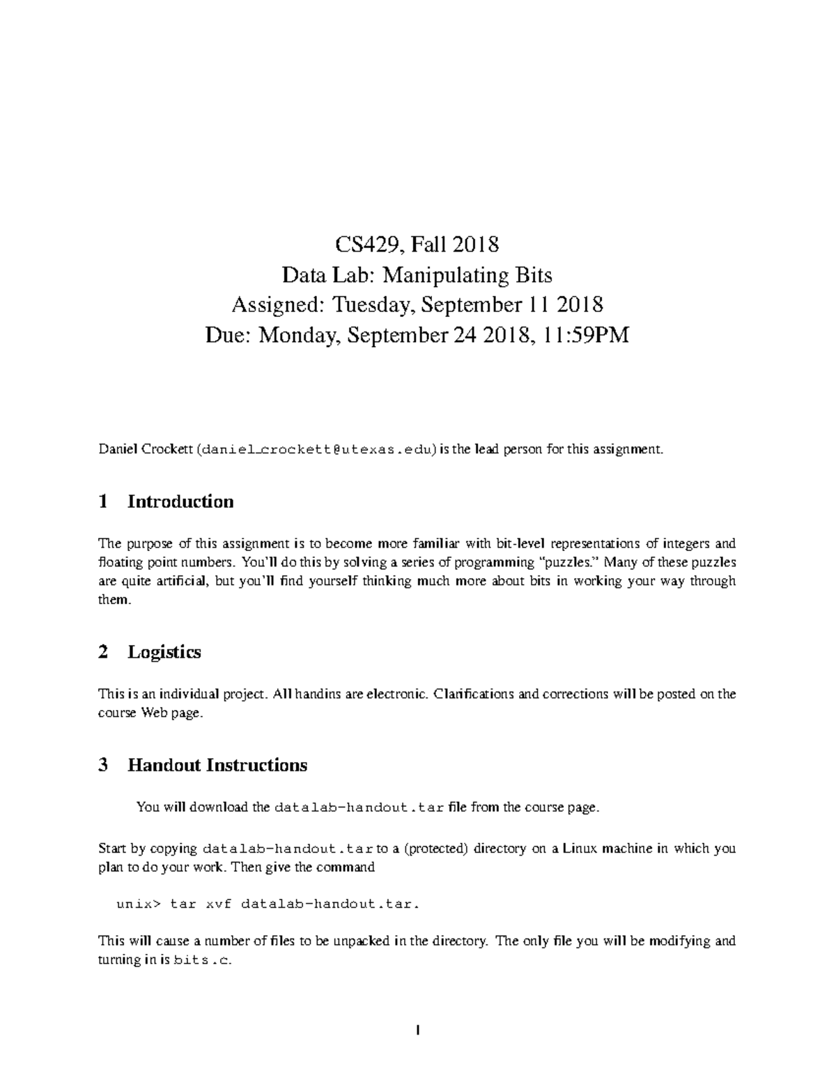 Datalab - CS429, Fall 2018 Data Lab: Manipulating Bits Assigned ...