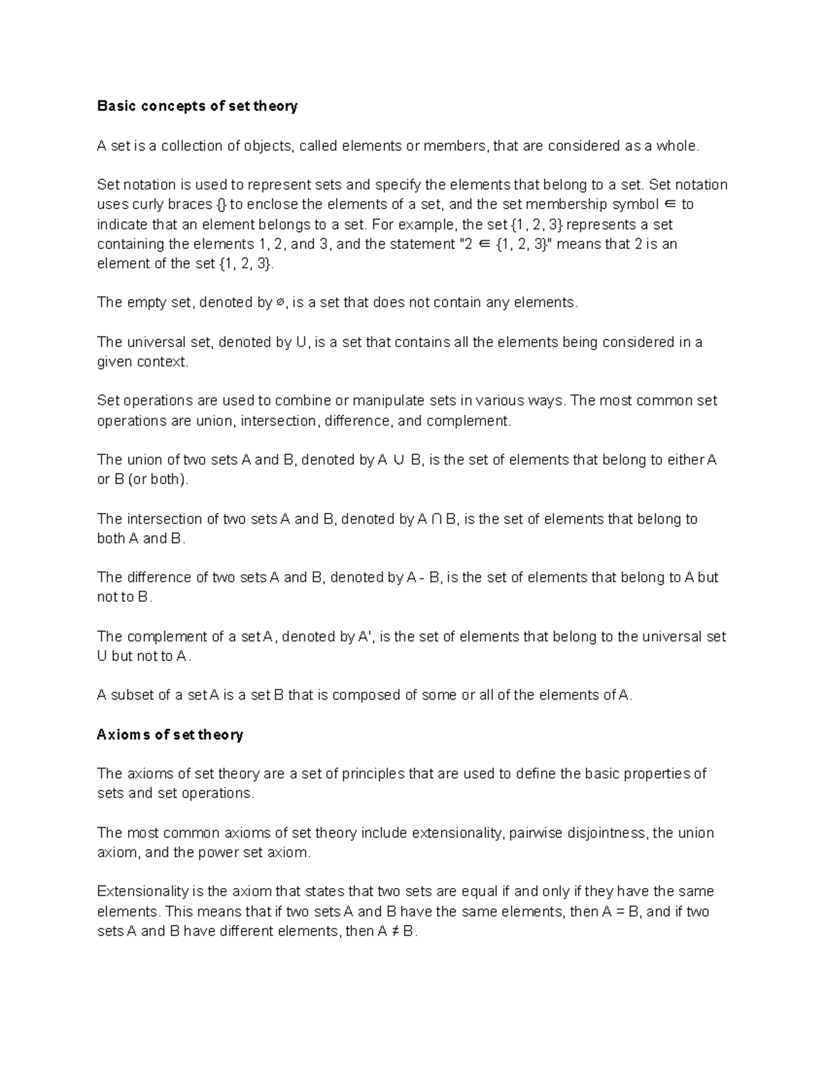 Logic for Comp Sci notes 9 Basic concepts of set theory A set is a