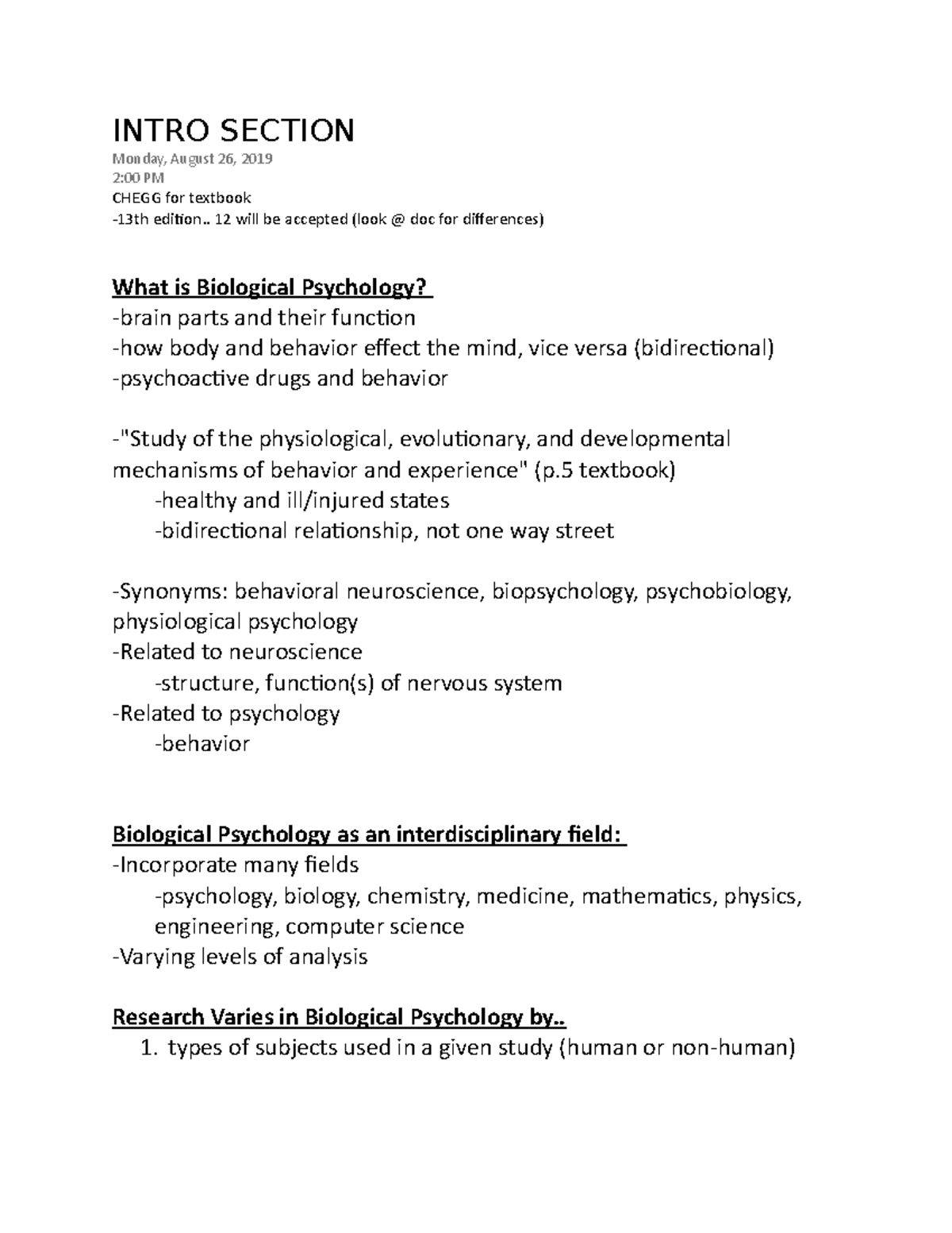 Biological Psych - Lecture notes Full Semester Notes - INTRO SECTION ...