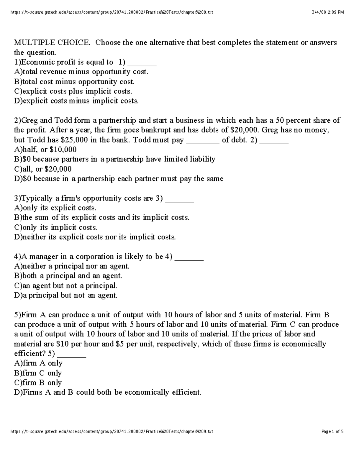 Chapter 9 Practice - MULTIPLE CHOICE. Choose The One Alternative That ...