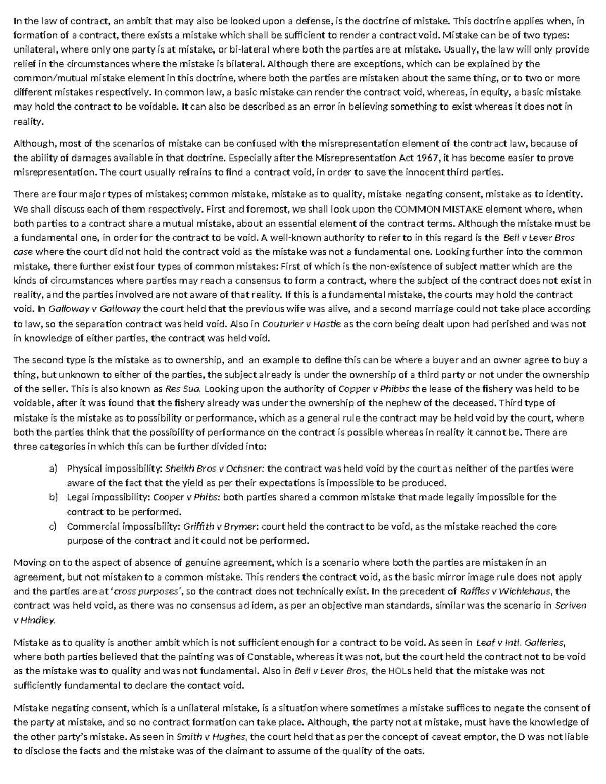 Mistake Essay - In the law of contract, an ambit that may also be ...