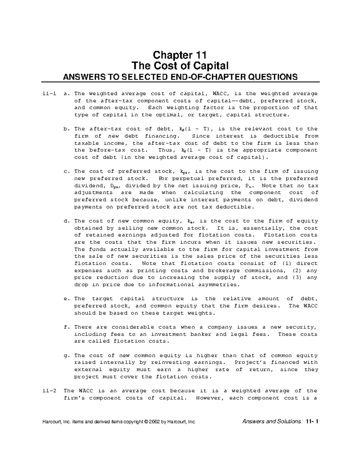 Chapter 11 The Cost of Capital Answers TO Selected ENDOF Chapter