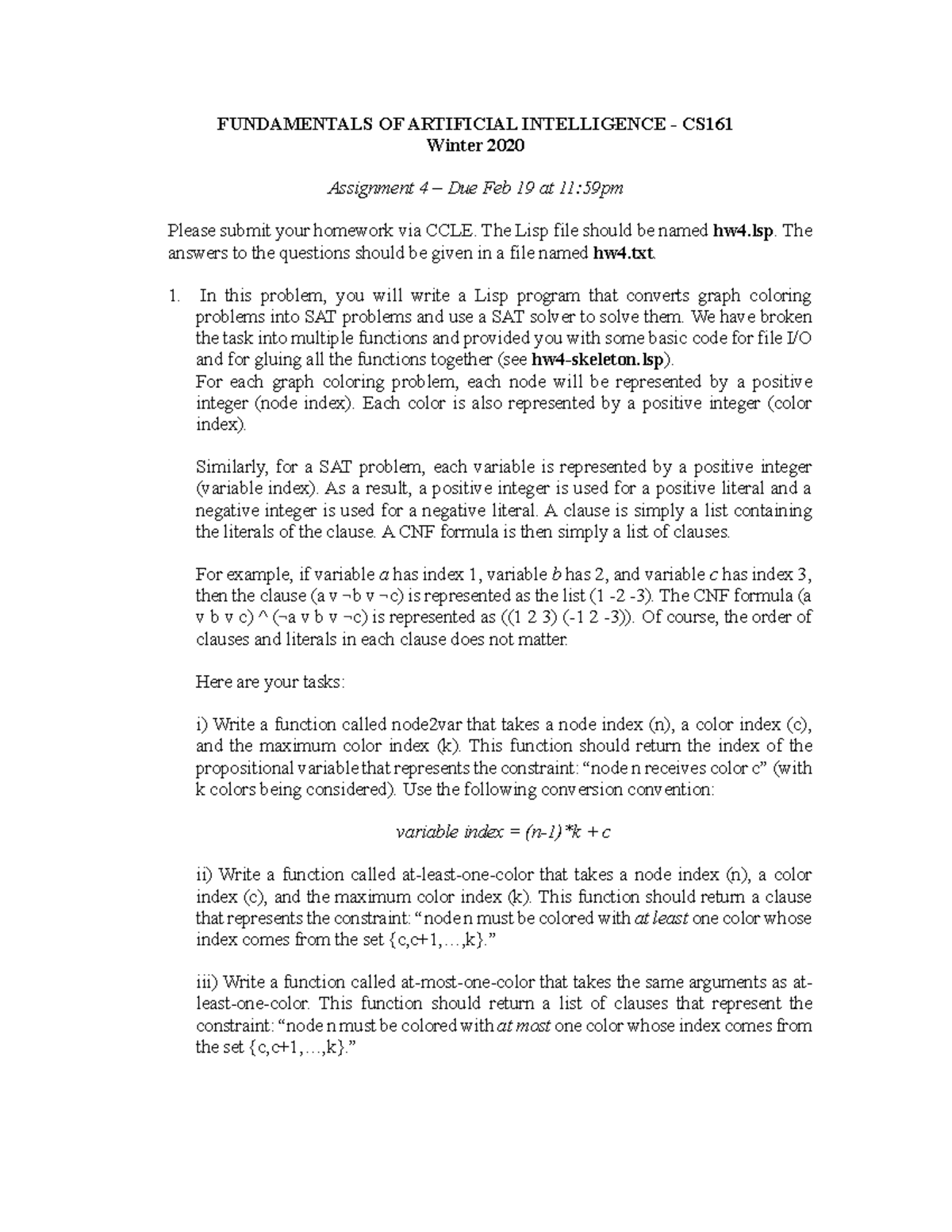 Fundamentals of Artificial Intelligence CS161 Winter 2020 Assignment 4 ...