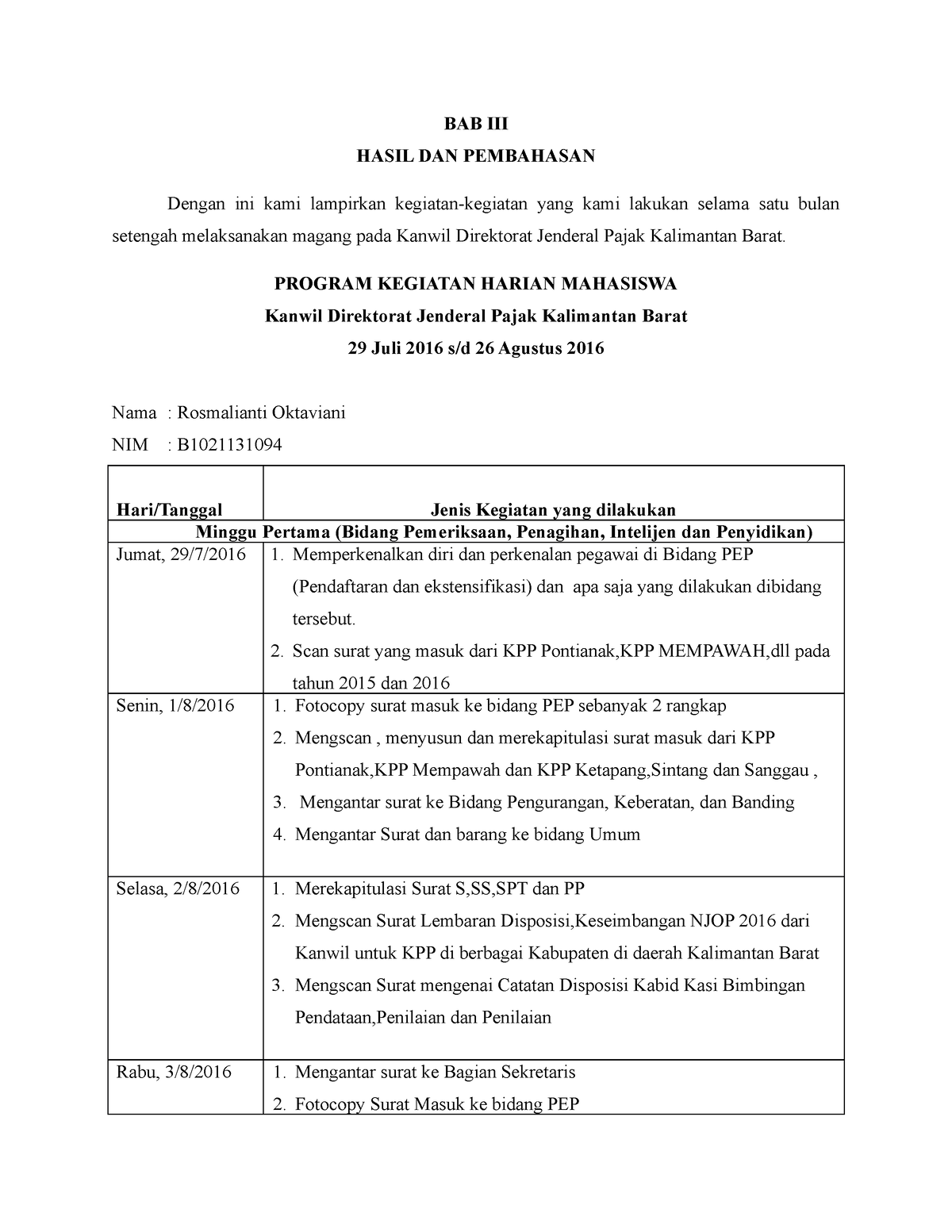 Contoh Laporan Magang - BAB III HASIL DAN PEMBAHASAN Dengan Ini Kami ...