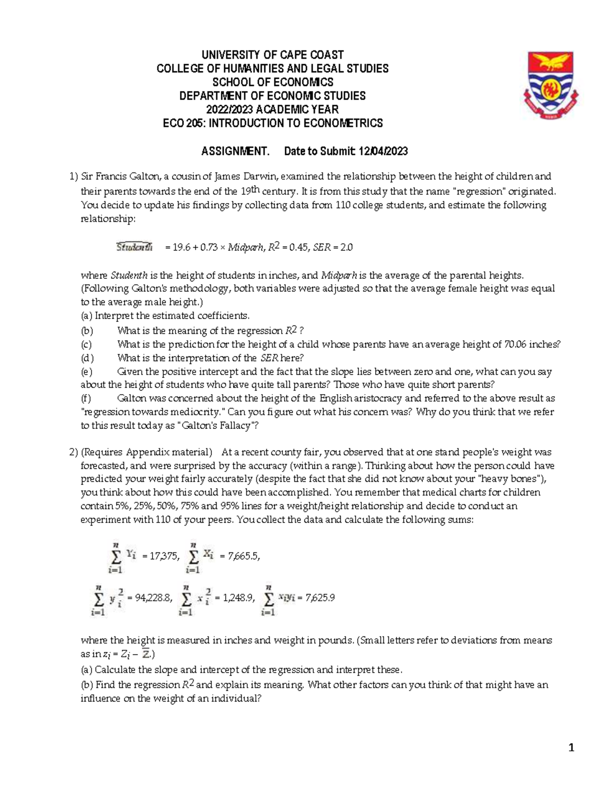 Assignment econometrics - UNIVERSITY OF CAPE COAST COLLEGE OF ...