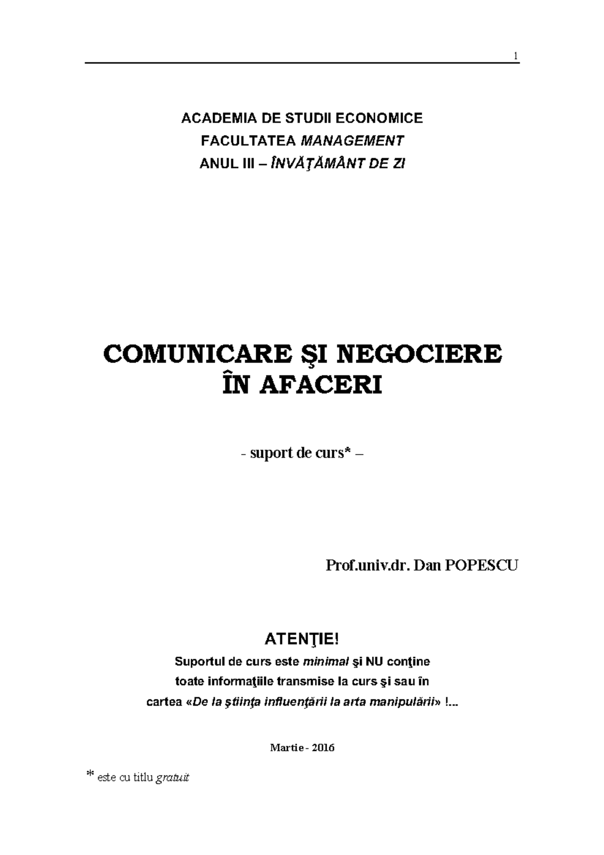 Comunicare SI Negociere IN Afaceri - 1 ACADEMIA DE STUDII ECONOMICE ...